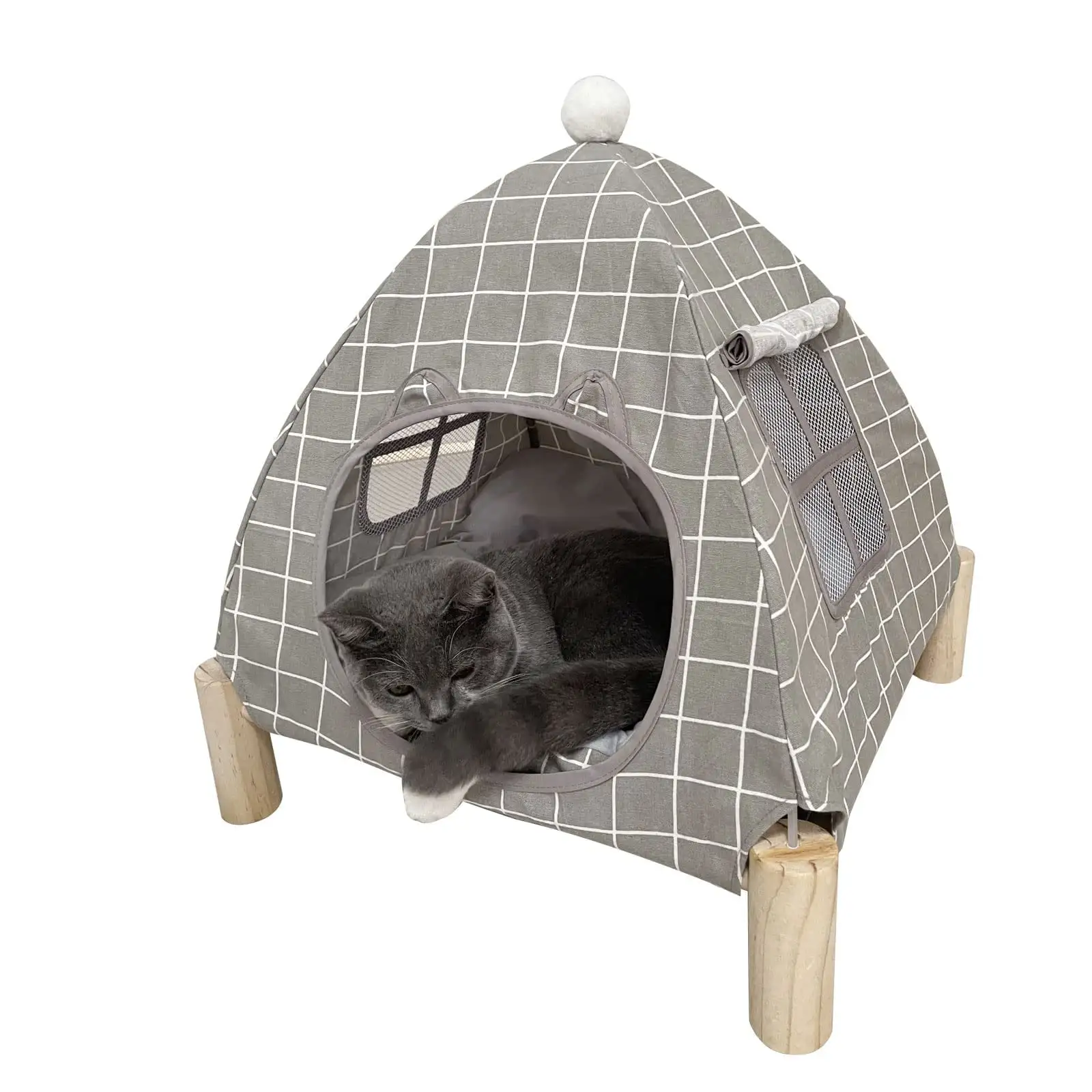 Nockovi 2-in-1 Cat Tent Wooden Frame Cat Bed Cat Hammock. Quick Assembly and Disassembly. Portable Indoor/Outdoor Pet Tent House for Cats. Puppies and Other Small Animals-Grey Check