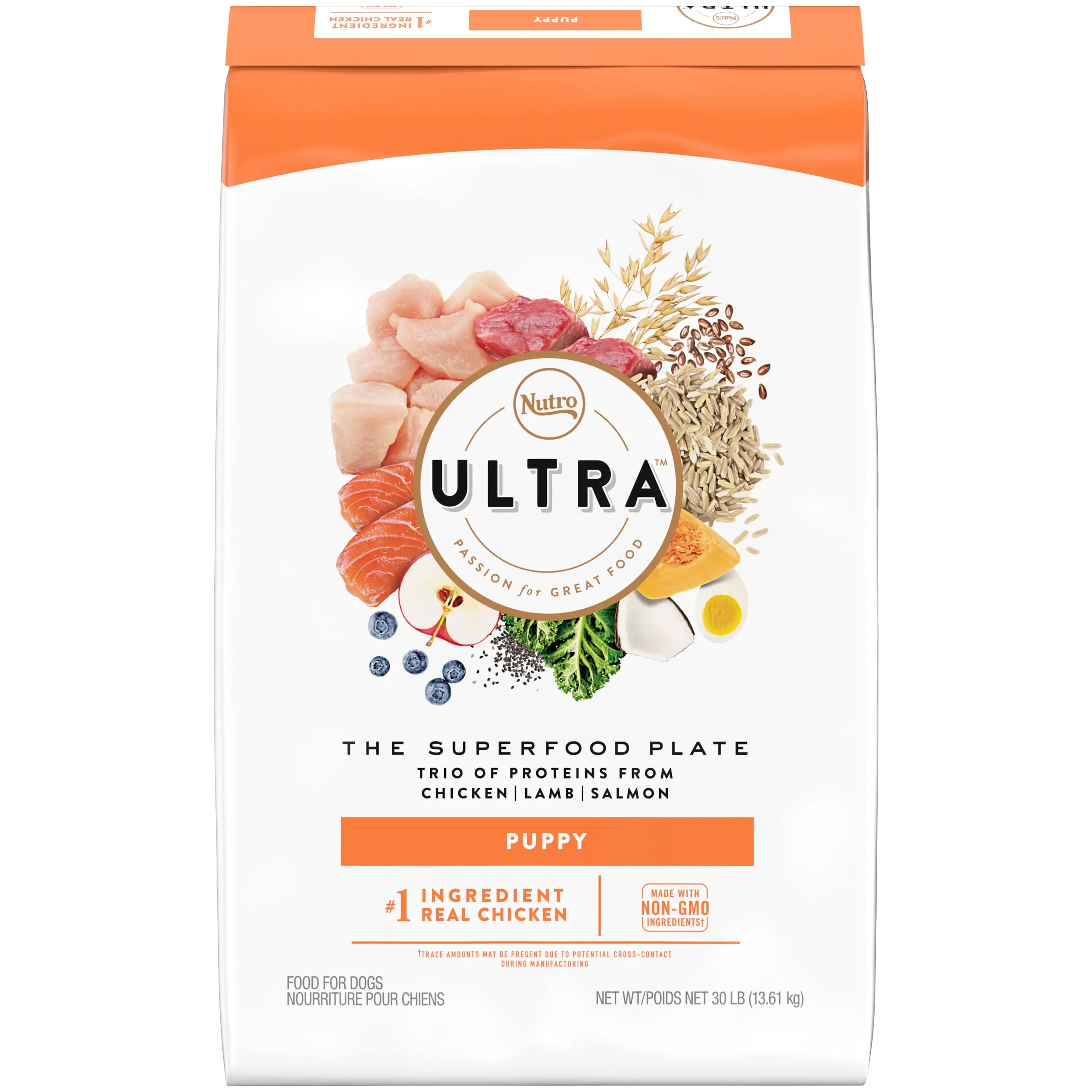 Nutro Ultra High Protein Natural Dry Dog Puppy Food With A Trio Of Proteins From Chicken Lamb And Salmon. 30 Lb. Bag