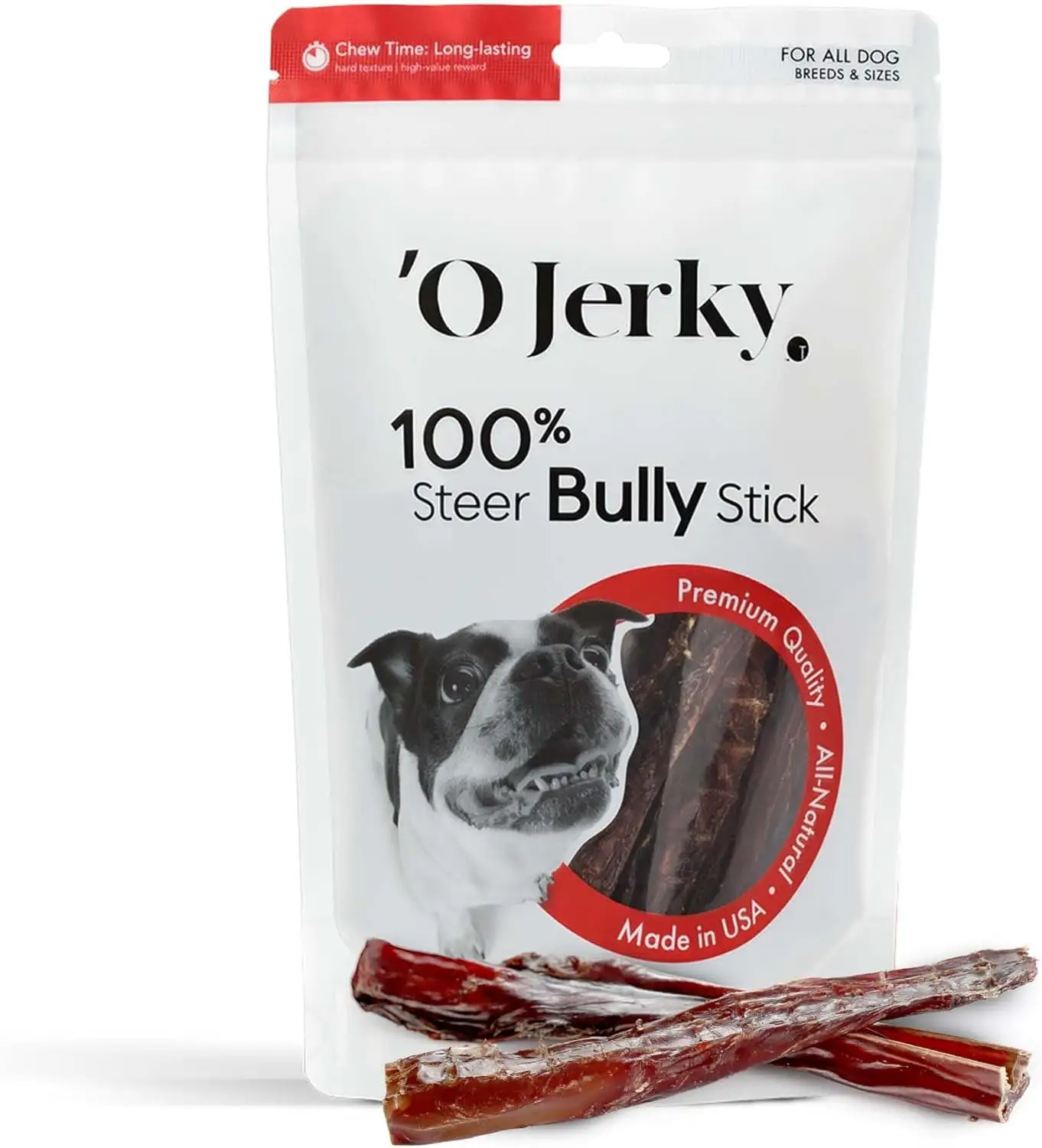 'O Jerky 100% Steer Bully Sticks for Dogs ?C 4Oz of Single Ingredient All Natural USA Made Dog Chews ?C Rawhide Free. Grain Free and Odor Free Dental Chews for Dogs. Ideal for Dogs of All Types