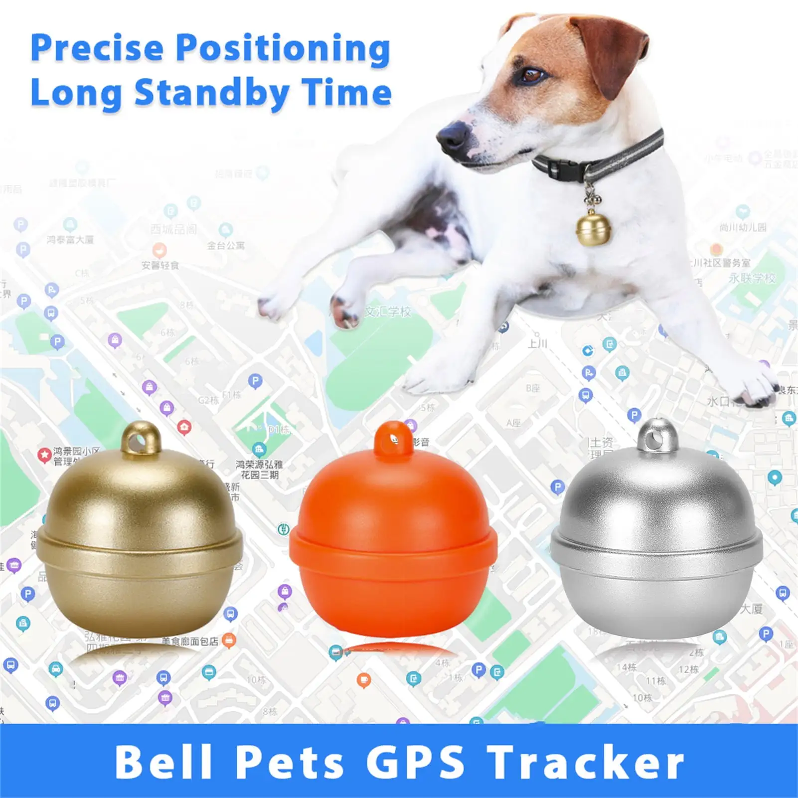 OBOSOE Smart GPS Tracker- Mini Pet Bell Positioning Collar IP67 waterproof (for Dogs And Cats) AGPS LBS Positioning Geofence Real-time Tracker Anti-lost Tracking - Silver and Gold