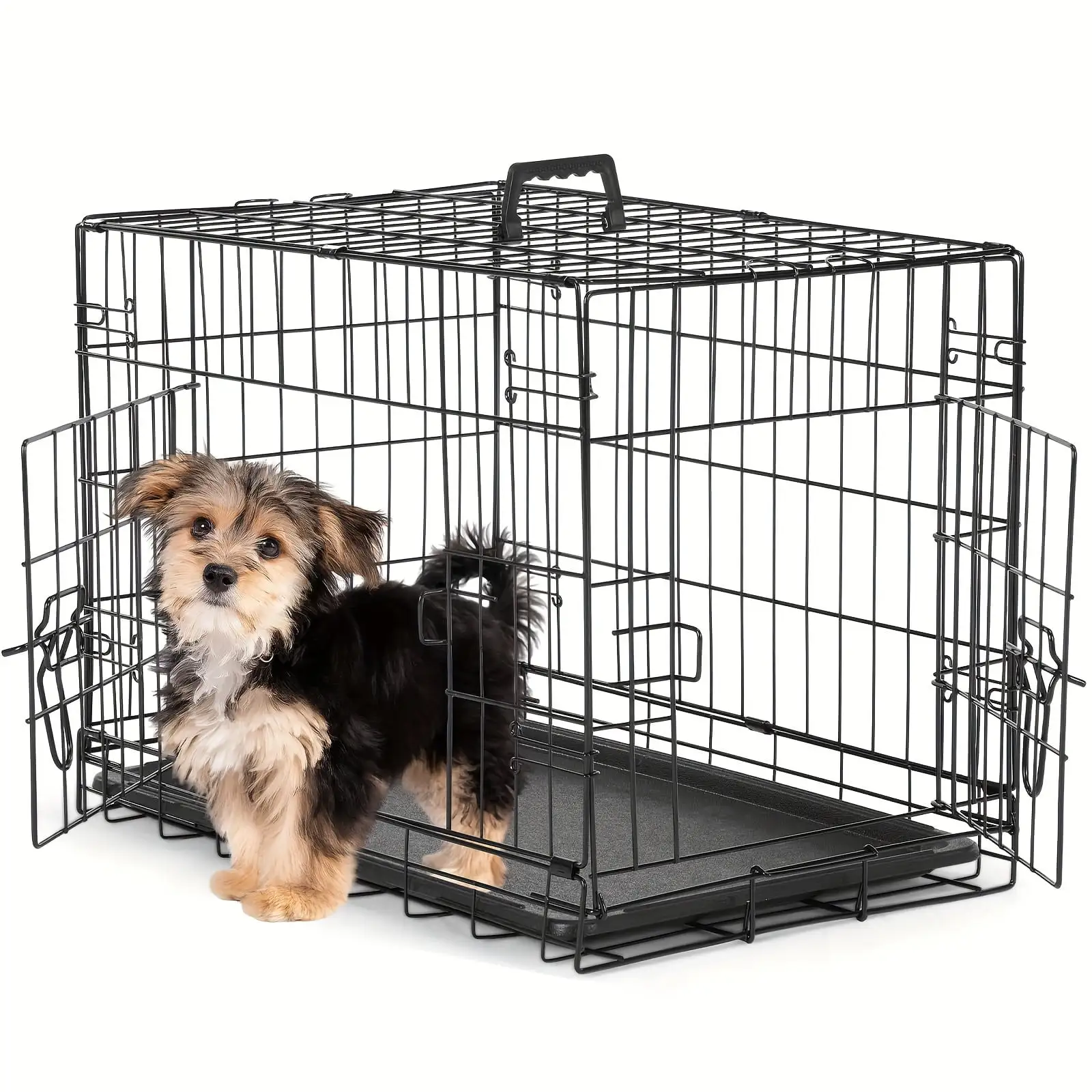 OLIXIS Small Dog Crate With Divider Panel. 24 Inch Double Door Folding Metal Wire Dog Cage With Plastic Leak-Proof Pan Tray. Pet Kennel For Indoor. Outdoor. Travel