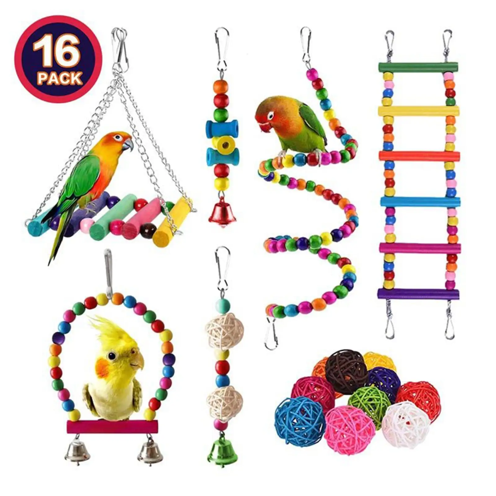 OWSOO 16 Packs Toy Set for Parrots Variety of Toys for Bird Cage Accessories and Durable Bird Toys for Cockatiels Parakeets and More Attract Birds' Attention with Colorful Wooden Toys Easy to Ins