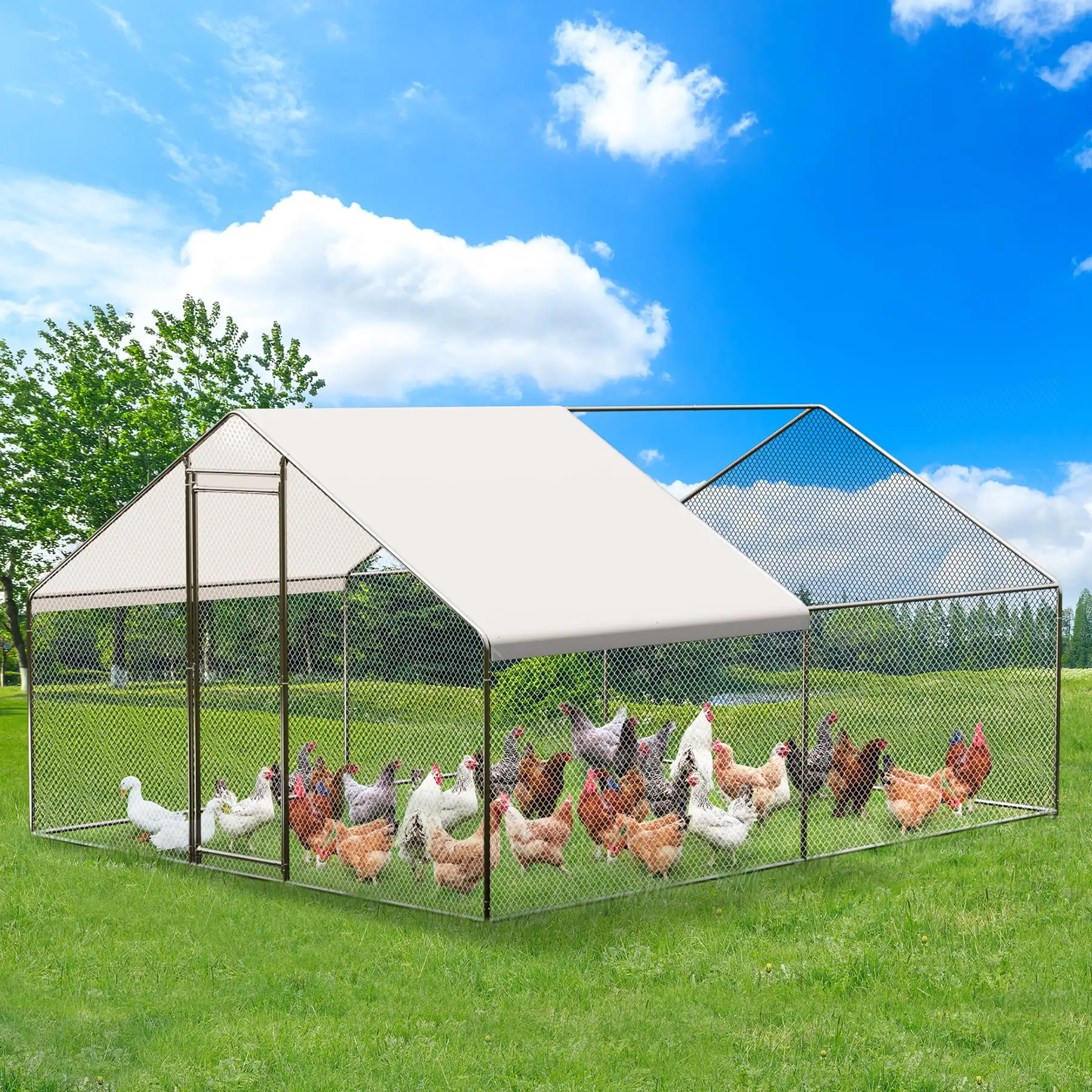 OYang Large Metal Chicken Coops.Outdoor Chicken Coop.Duck Walk-in Run Poultry Cage with Waterproof Cover and UV-resistant Oxford Cloth