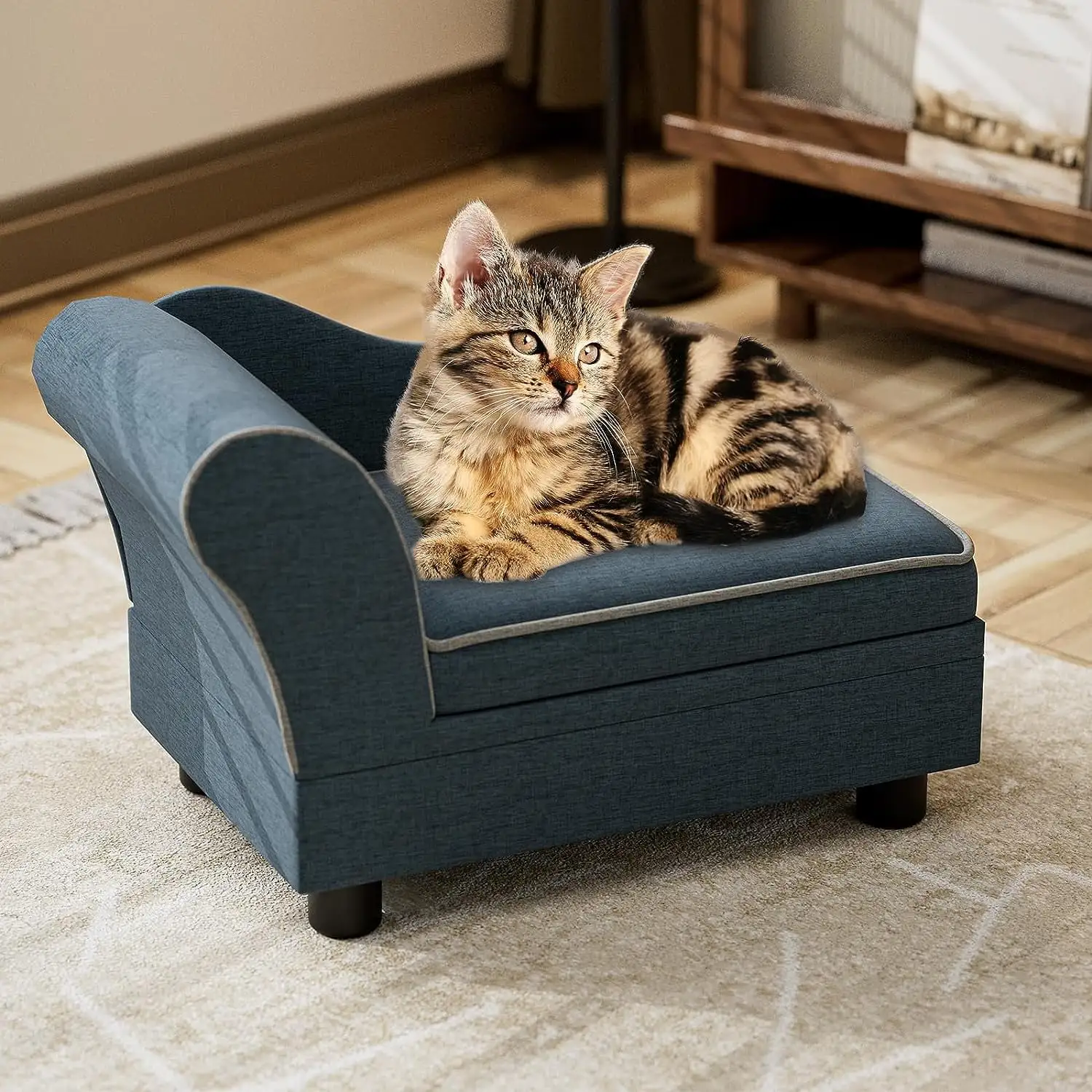 Oarlike Pet Sofa Linen Fabric Comfort Cat Couch with Storage Box Removable&Washable Cushion Cat Sofa Bed for Small and Medium Dogs. Cats for All SeasonsBlue