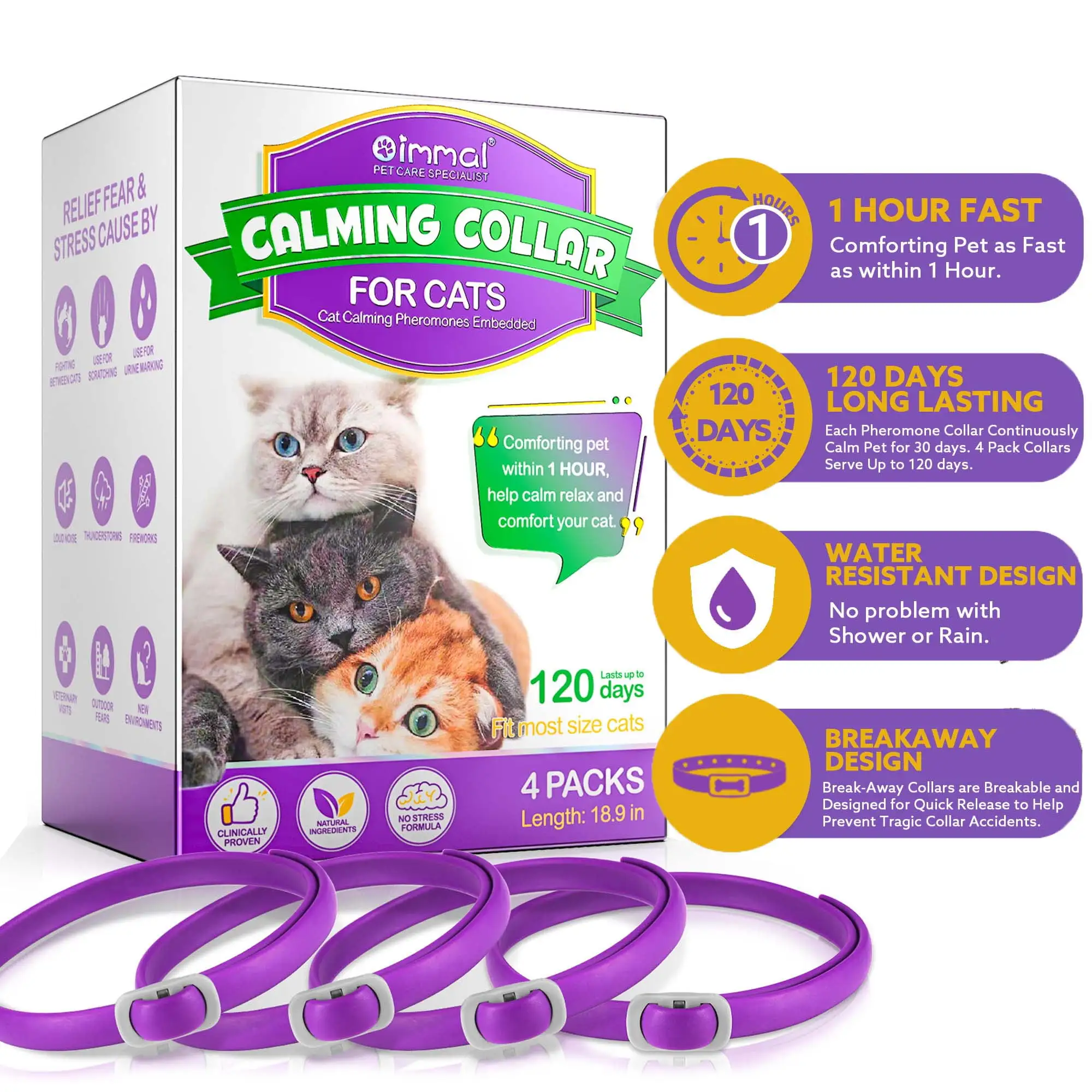 Oimmal Calming Collar for Cats with Pheromones.Cat Anxiety and Calming.Up to 18.9inch.Water Resistant.4 Pack 120 Days Supply