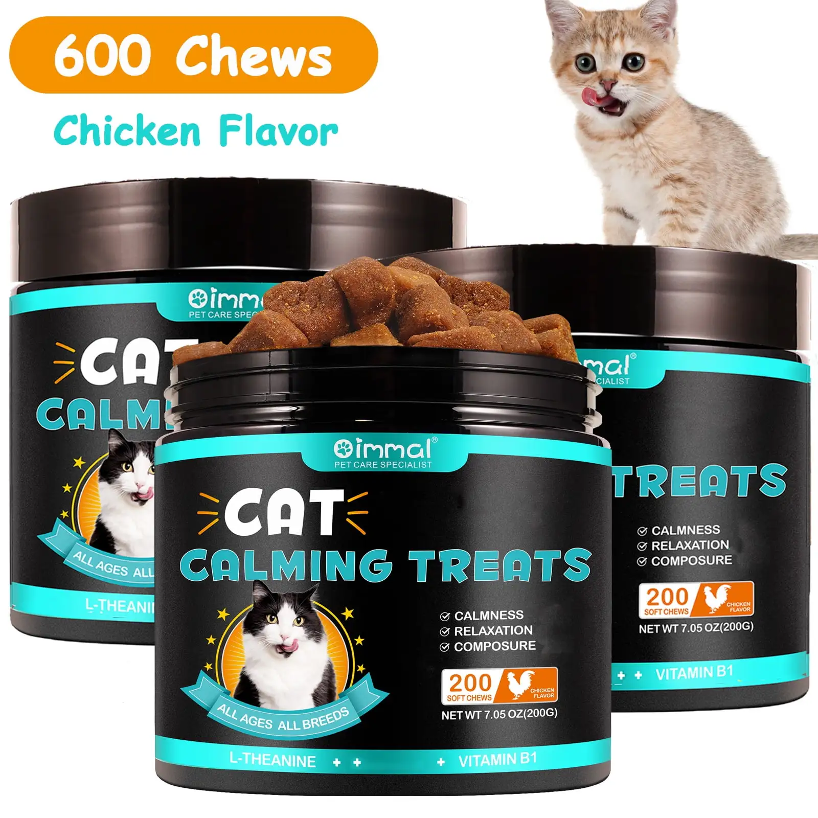 Oimmal Cat Snacks.Calming Cat Chews 600 Chews (Chicken Flavor).Cat Anxiety and Calming.Great for Vet Grooming Visit-New Pet in Household-Boarding Stays