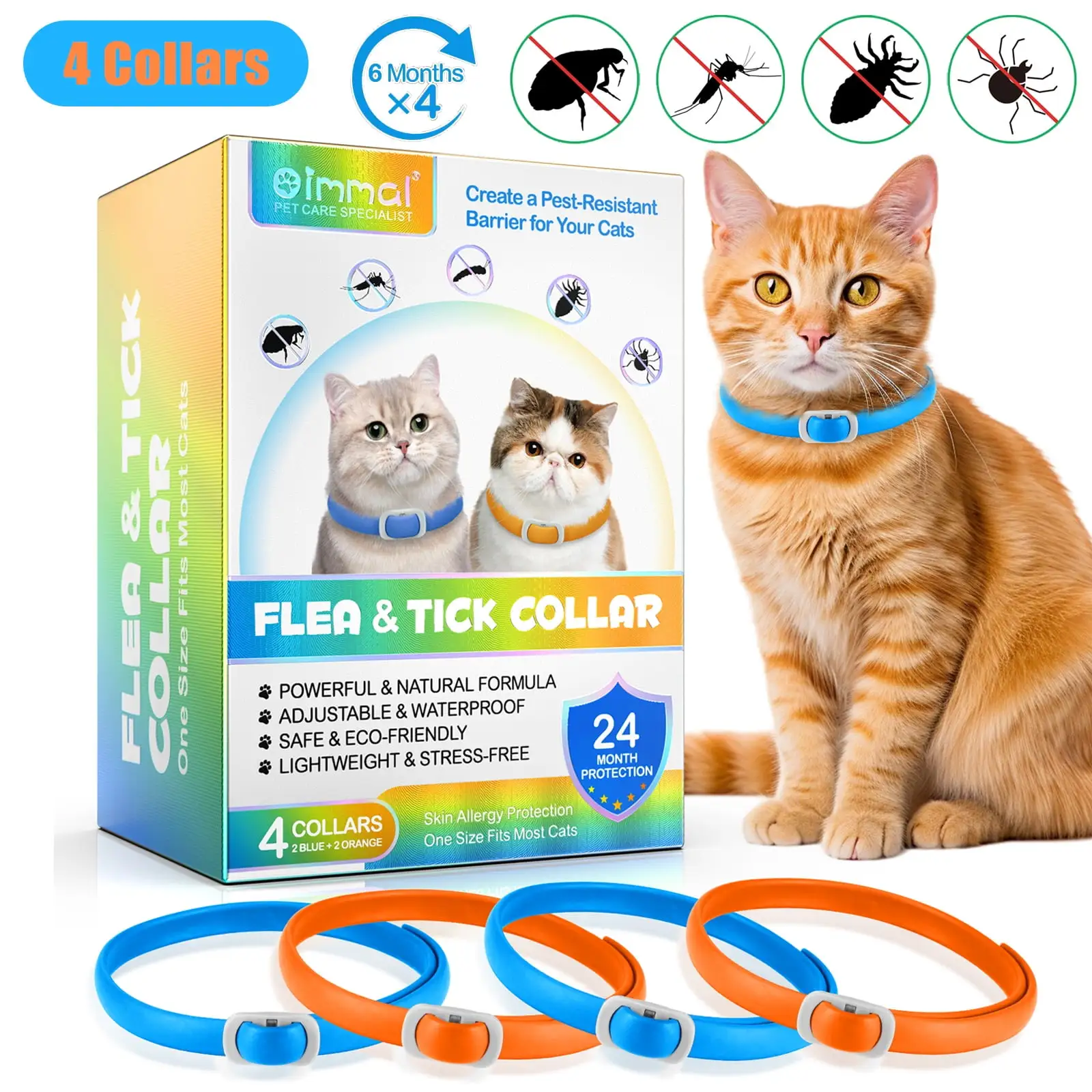 Oimmal De-Wormer Collar for Cat. Fl_ E a Collar for Cats I 24 Months Protection I Soft & Comfortable | T Ic_ K Prevention 19inch Adjustable. 4 Collars - Blue & Orange