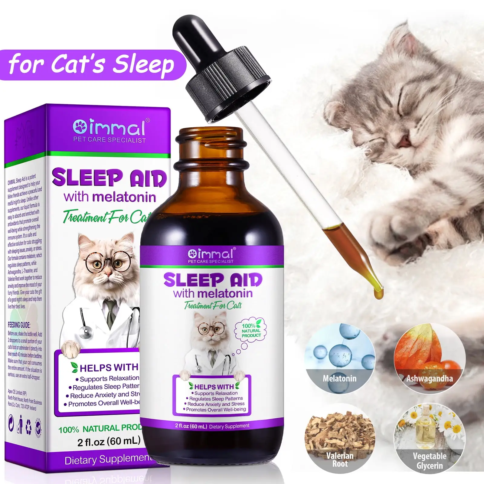 Oimmal Melatonin for Cats | Supports Healthy. Restful Sleep for Your Cat | Cat Stress Relief | Cat Calming | Cat Melatonin | Anxiety Relief for Cats | Cat Sleep Aid | 2 fl oz