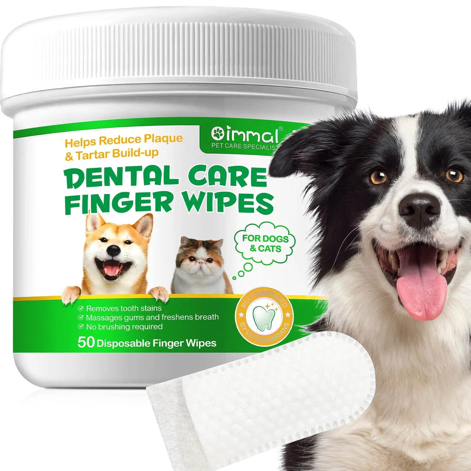 Oimmal Pet Teeth Cleaning Wipes for Dogs & Cats 50 Counts. Toothbrush Disposable Dog Dental Wipes for Reducing Plaque & Tartar. Breath Freshener Dental and Gum Care Finger Pet Wipes 1Pack