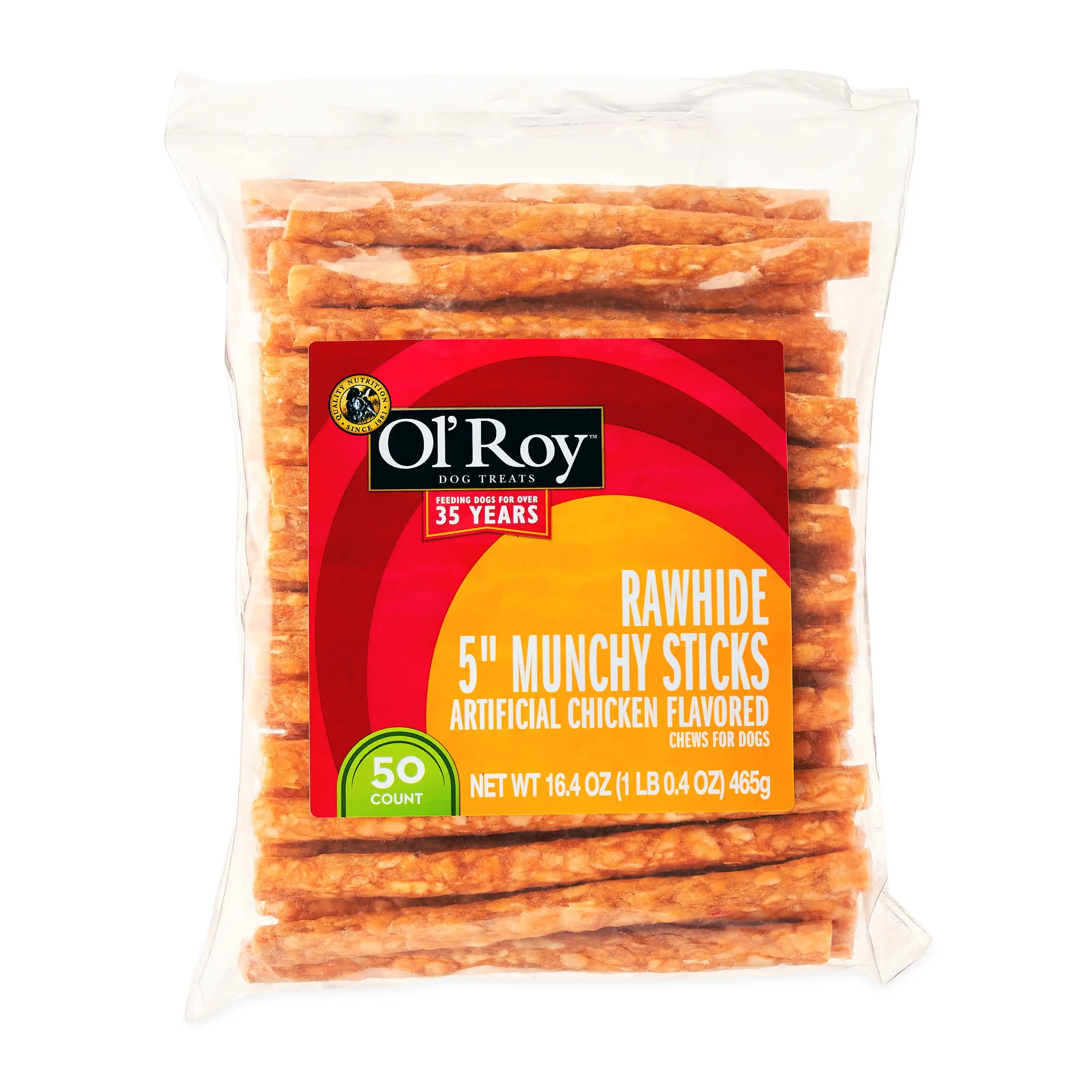 Ol' Roy 5 Rawhide Artificial Chicken Flavored Munchy Sticks. 16.4 oz. 50 Count