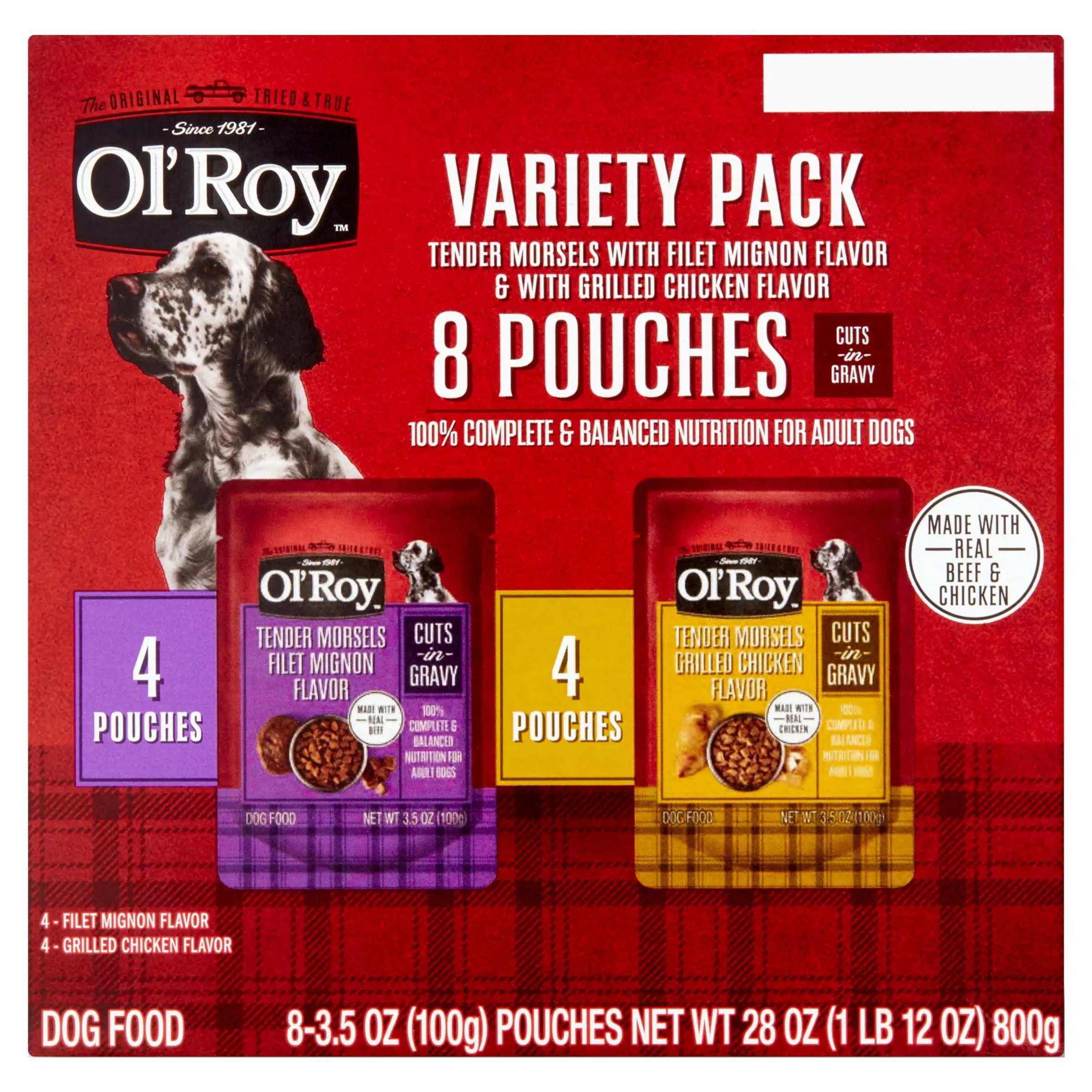 Ol' Roy Cuts in Gravy Wet Dog Food Variety Pack. Tender Morsels Filet Mignon Flavor and Tender Morsels Grilled Chicken Flavor. 3.5 oz. 8 Pack