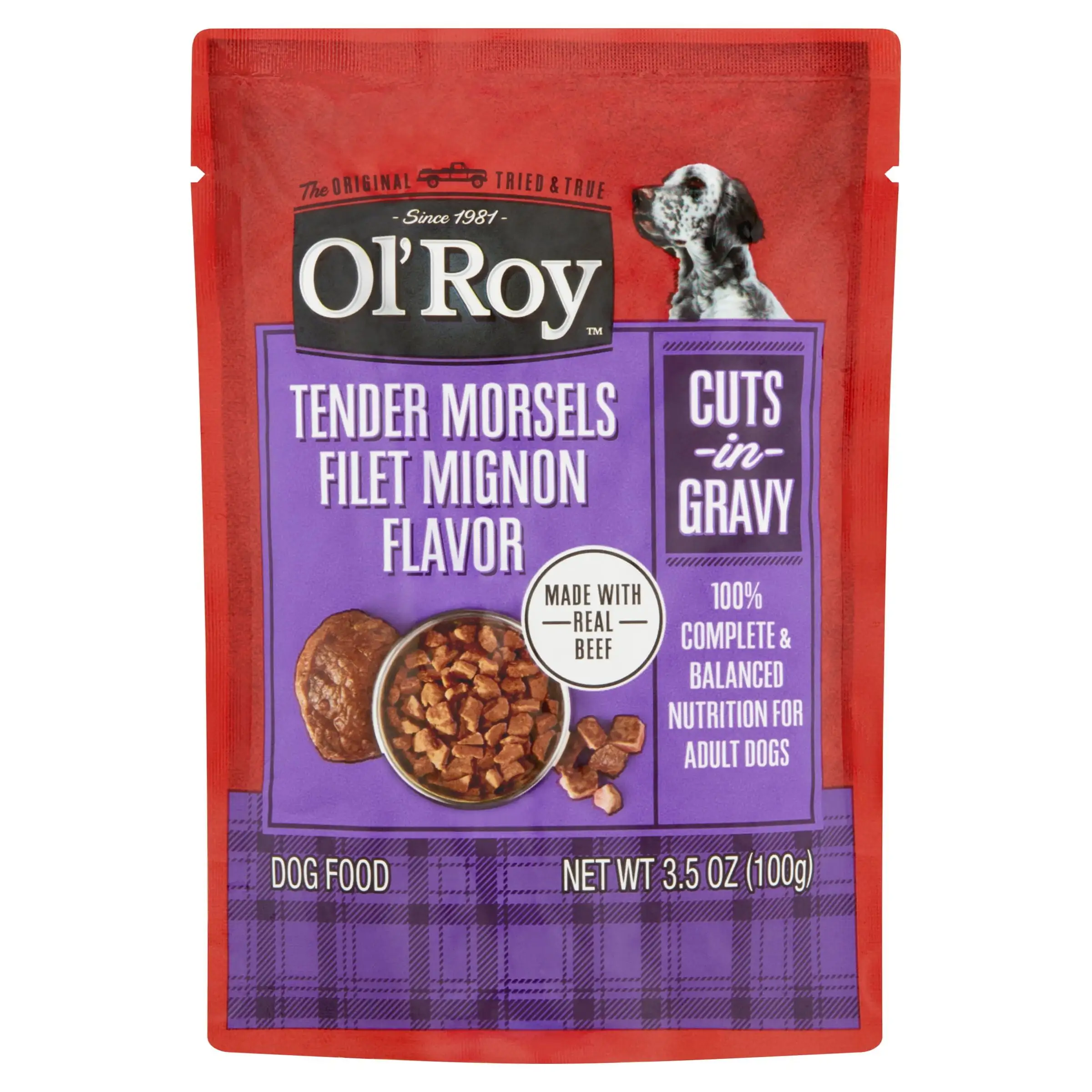 Ol' Roy Tender Morsels Filet Mignon Flavor Cuts in Gravy Wet Dog Food. 3.5 oz Pouch