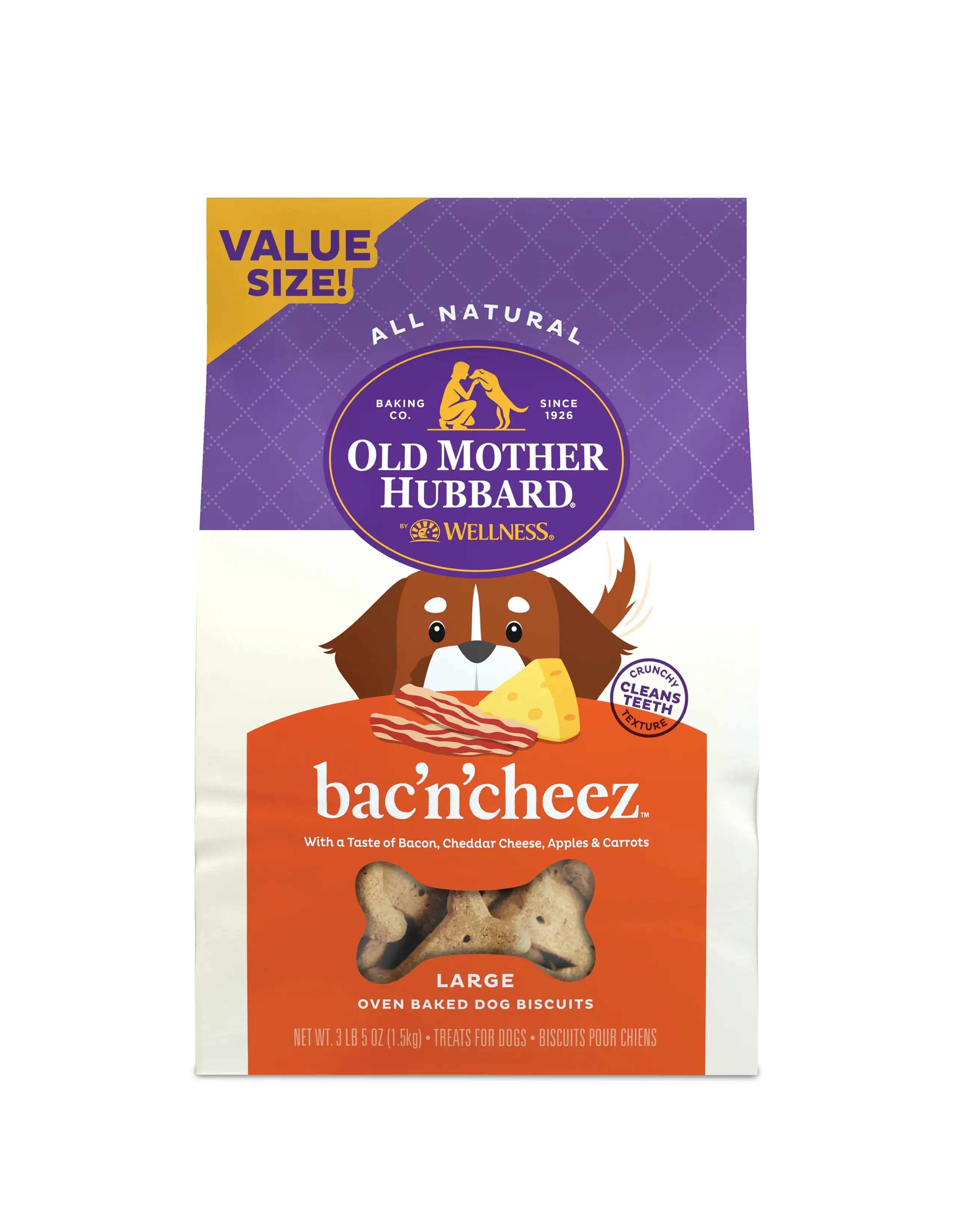 Old Mother Hubbard by Wellness Classic Bac'N'Cheez Natural Large Biscuits Dog Treats. 3.3 lb bag