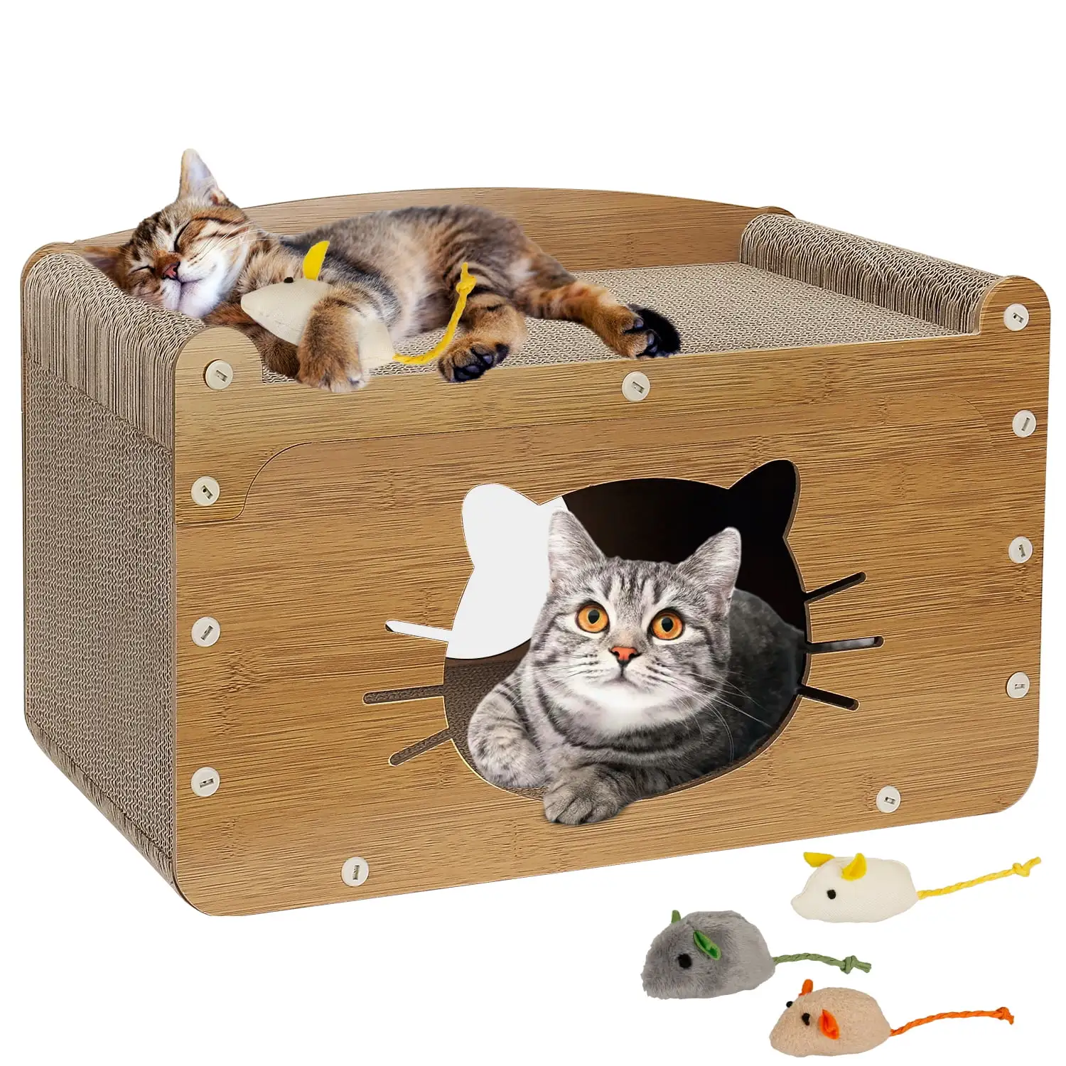 Oneisall 2 In 1 Cat Scratcher Cat Houses for Indoor Cats. 2-Layer Cardboard Cat House & 8-Sides Cat Scratching Board. Cat Scratcher House with 3 Cat Toys. Cat Furniture Cat Scratch Pad. Wood Color