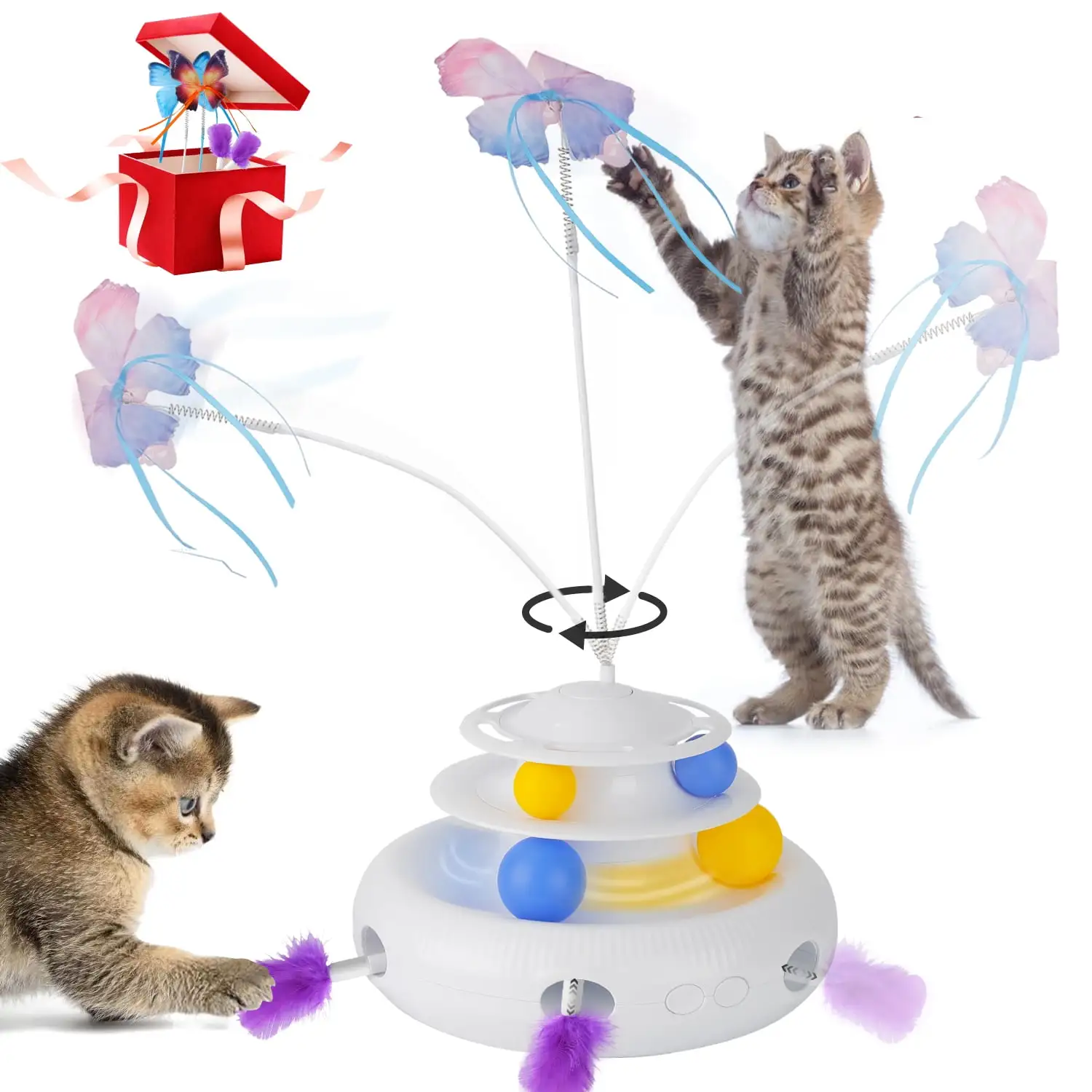 Oneisall 3 In 1 Interactive Cat Toys for Indoor Cats. Automatic Cat Toy with 3 Cat Wands & Moving Feather & Track Balls. Cat Toys for Boredom and Stimulating. Kitten Toys for Indoor Cats Self Play