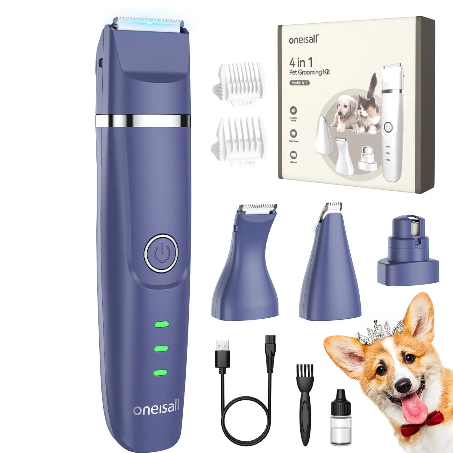 Oneisall 4 In 1 Dog Paw Trimmer for Small Dogs. Low Noise 2 Speed Dog Grooming Kit Include 3 Trimmer Heads & 1 Nail Grinder Head. Cordless Dog Clippers for Grooming. Small Dog Nail Grinder - Navy