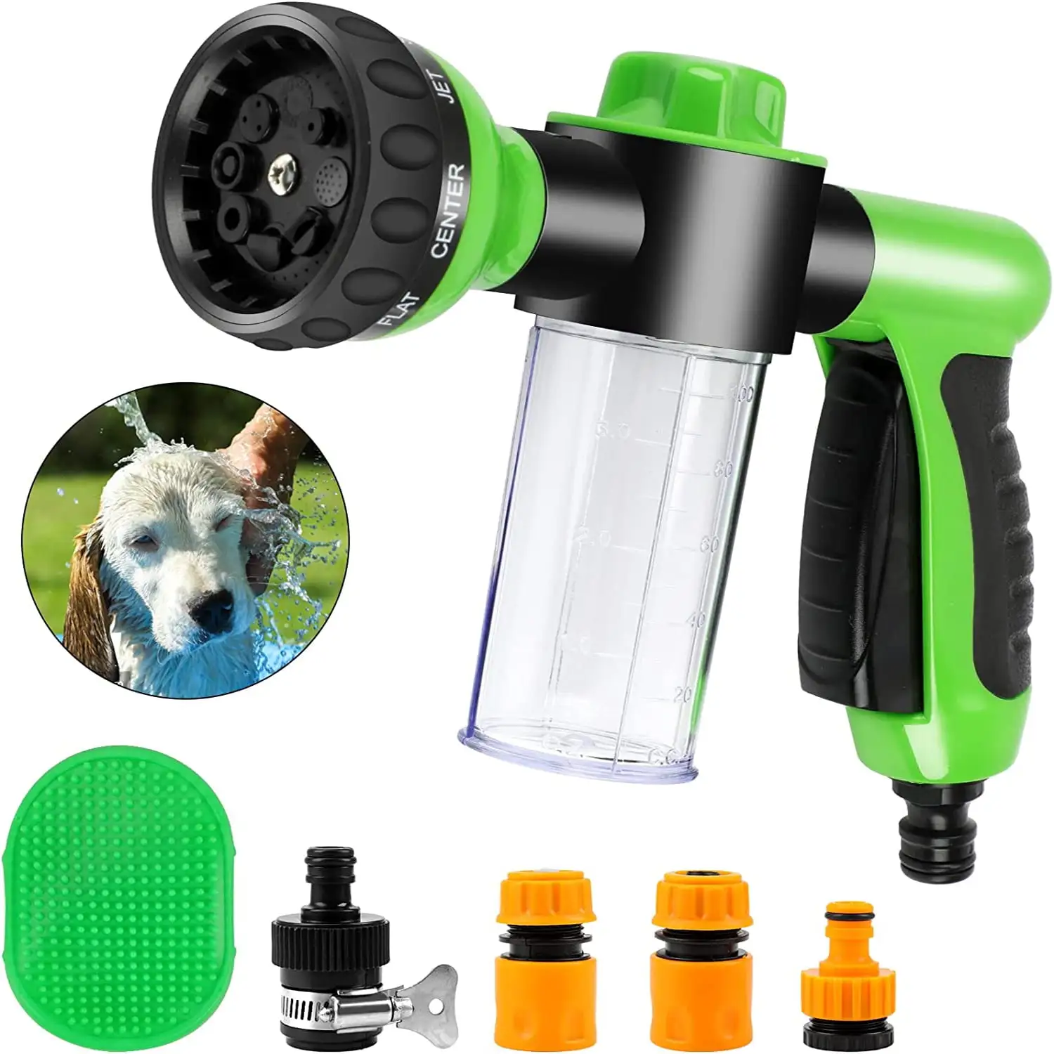 Oneisall 6 Pieces Pet Bathing Tool Set Include Hose Spray Nozzle Livestock Foamer Soap Dispenser with Connectors and Dog Rubber Comb Brush. Dog Bathing Sprayer for Pets Showering. Green