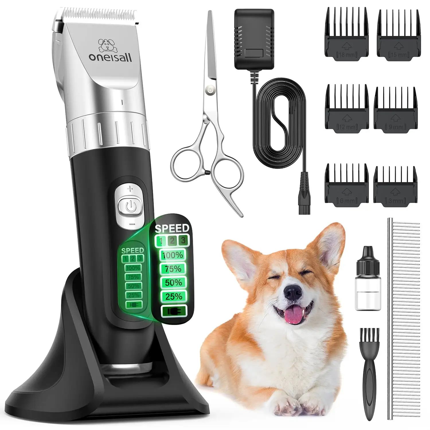 Oneisall A11 3 Speed Quiet Dog Clippers for Grooming. Cordless 2000mAh Rechargeable Dog Grooming Kit with Base. 6 Guide Combs. Steel Comb and Scissors. Dog Grooming Clippers for Cats Dogs Matted Hair