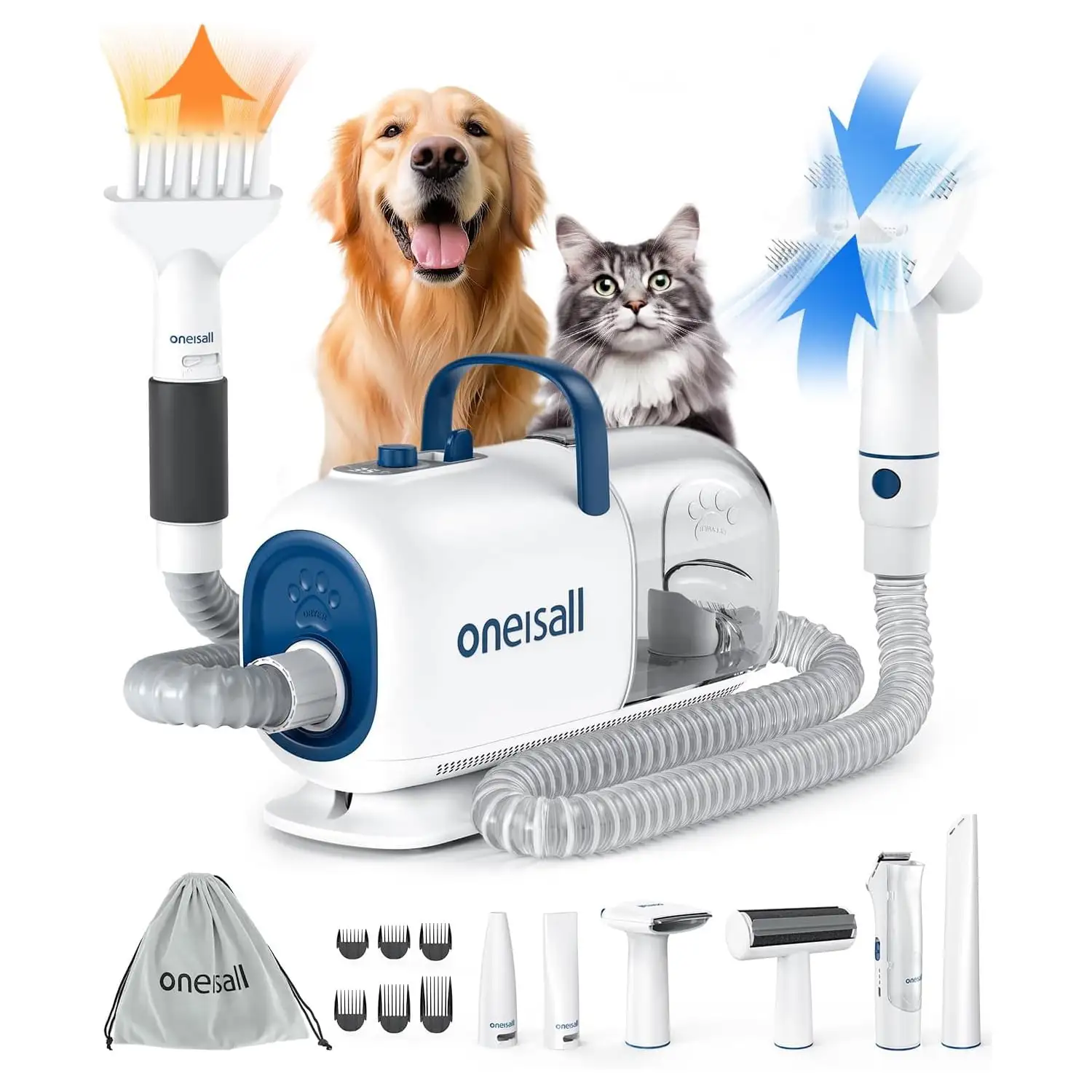 Oneisall BM1 Dog Grooming Vacuum for Shedding & Drying Trimming Pet Hair. 8 In 1 Pet Grooming Vacuum & Dryer. Low Noise Pet Vacuum. Dog Grooming Kit with 7 Levels Blow Temperature & 1.5L Dust Cup