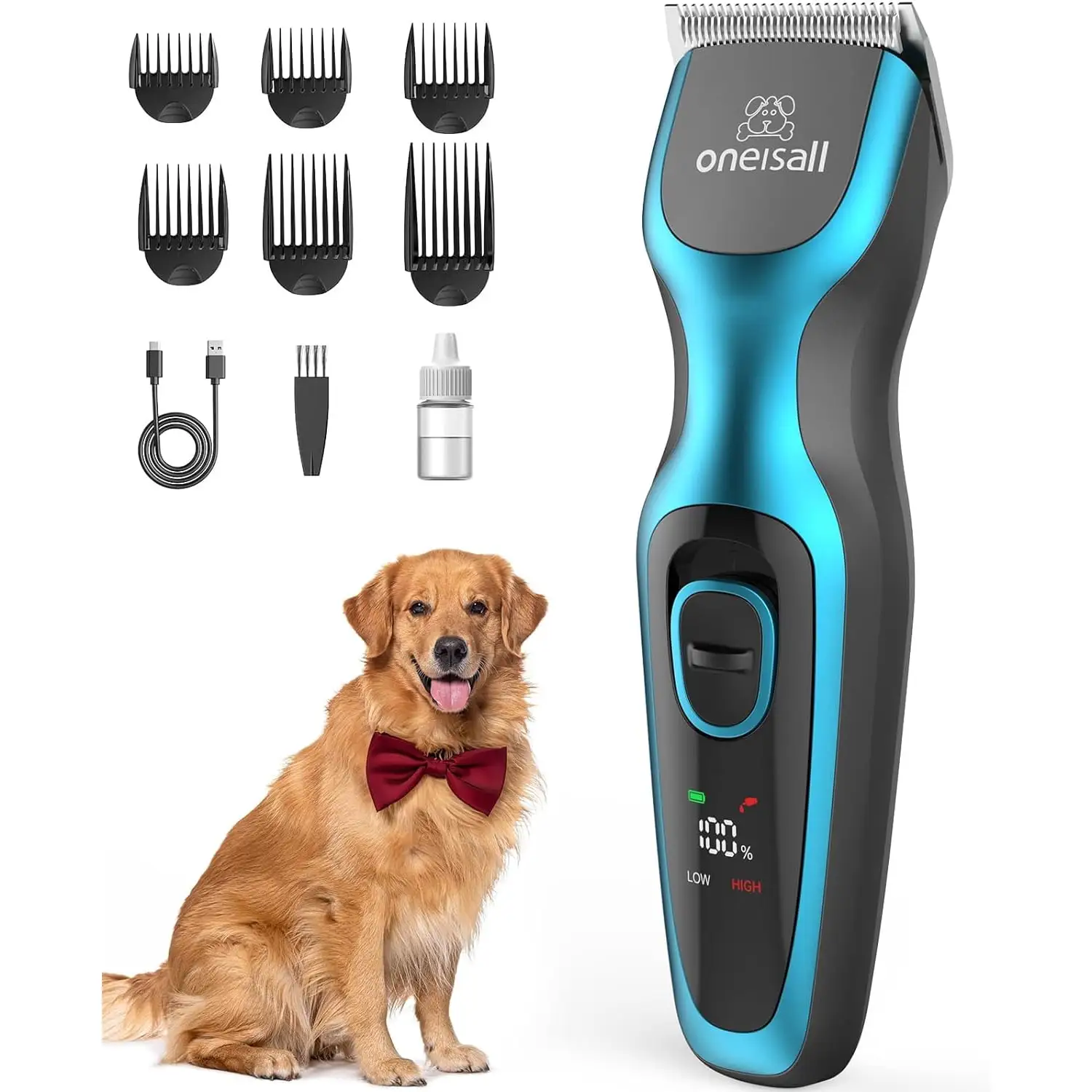 Oneisall DTJ-001 Dog Clippers for Grooming. High Power 7000RPM Low Noise Dog Grooming Clippers with Stainless Steel Blade & 6 Guide Guards. Rechargeable Dog Grooming Kit for Heavy Coats. Grey Blue