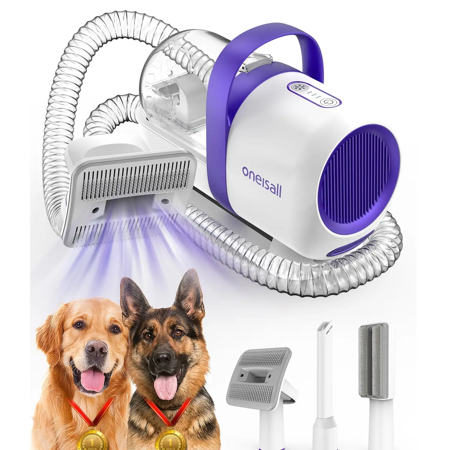 Oneisall LM5 Dog Grooming Vacuum for Shedding. 5 In 1 Low Noise Dog Hair Vacuum Groomer Dog Grooming Kit with 4 Pet Grooming Vacuum Tools & 1.5 L Dust Cup. Pet Vacuum for Dogs Cats Pet Hair. Purple