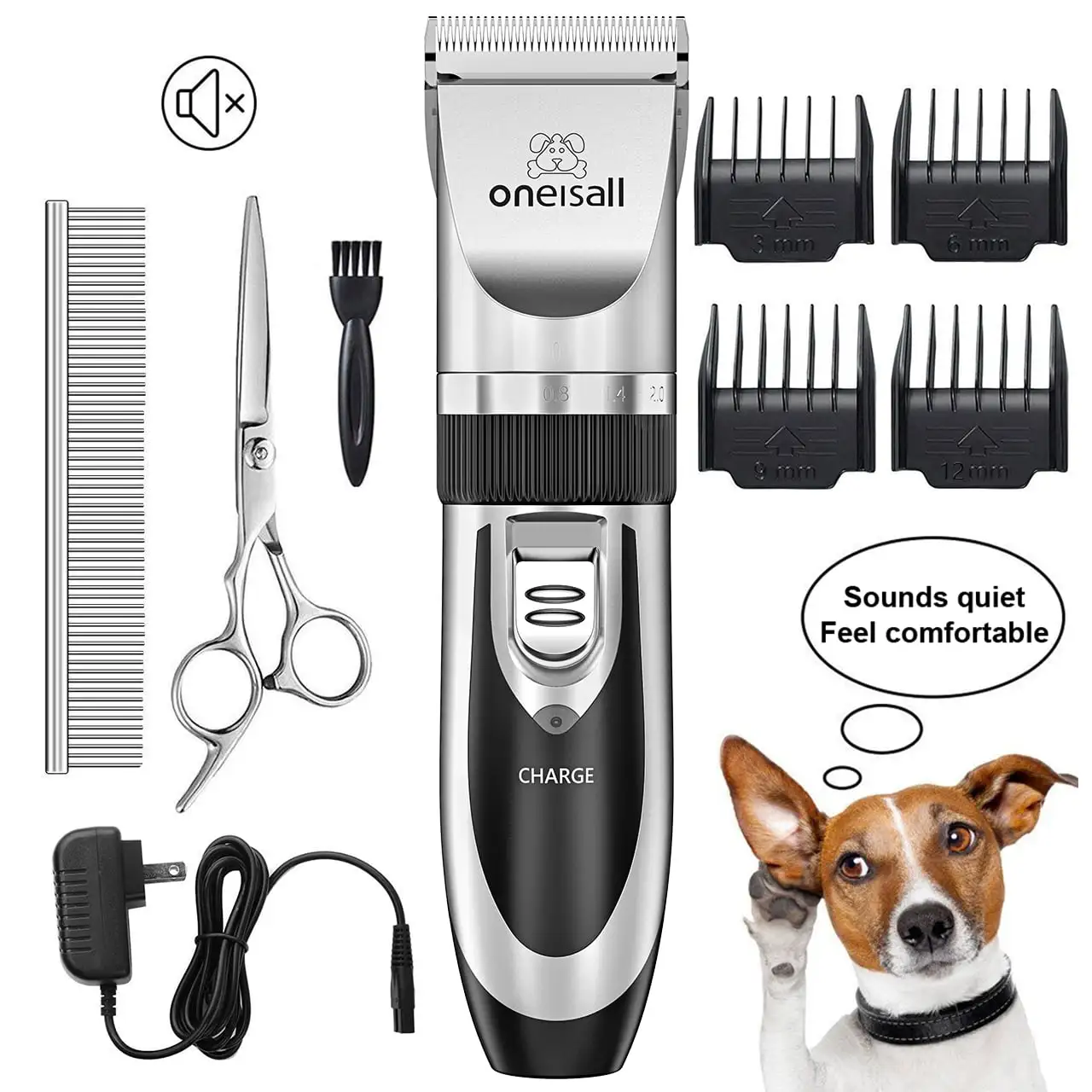 Oneisall P2 Low Noise Dog Grooming Kit. Rechargeable Cordless Dog Clippers for Grooming. Dog Grooming Clippers with 6 Guard Combs & 1 Steel Comb. Shaver Hair Clippers Set for Dogs Cats Pets - Silver