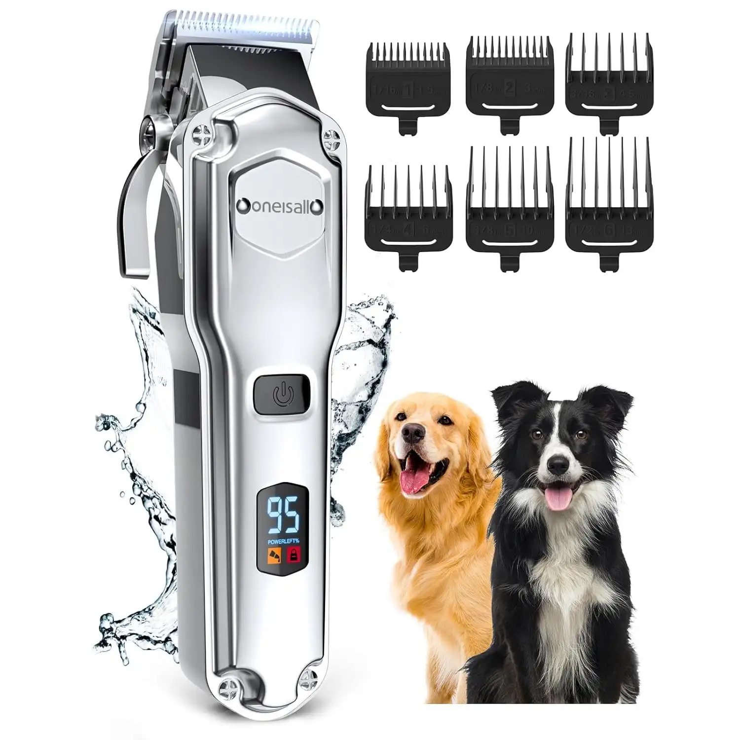 Oneisall RFC-676 Dog Clippers for Grooming. Low Noise 2000mAh Rechargeable Dog Grooming Clippers. Cordless Dog Shaver. IPX7 Waterproof Dog Grooming Kit with 6 Guide Combs