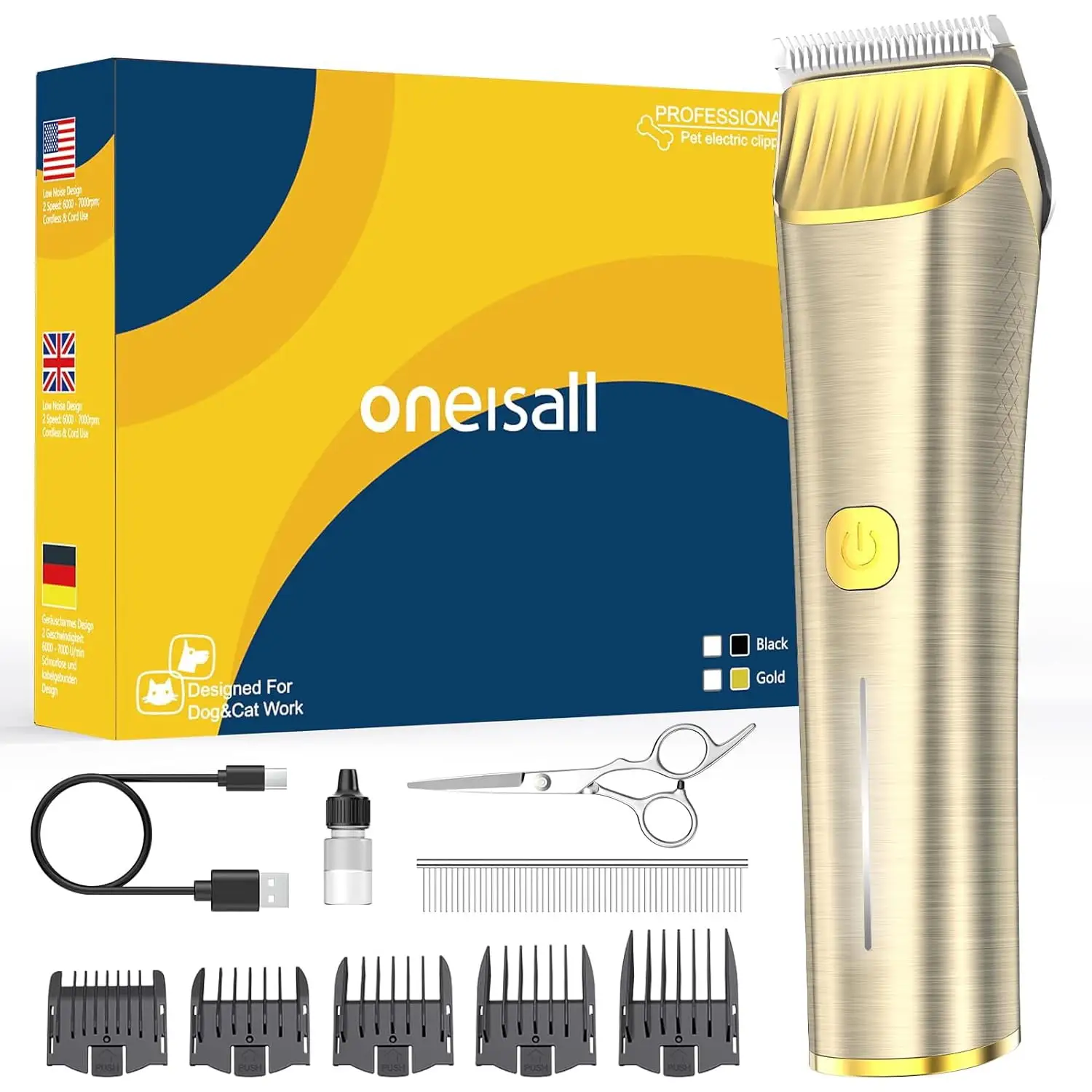 Oneisall RK-034 Dog Clippers for Grooming. 2 Speed Low Noise Dog Grooming Kit with Detachable Metal Blade & 5 Guide Guards. Cordless Dog Grooming Clippers for Dogs Cats Thick Matted Coats - Gold