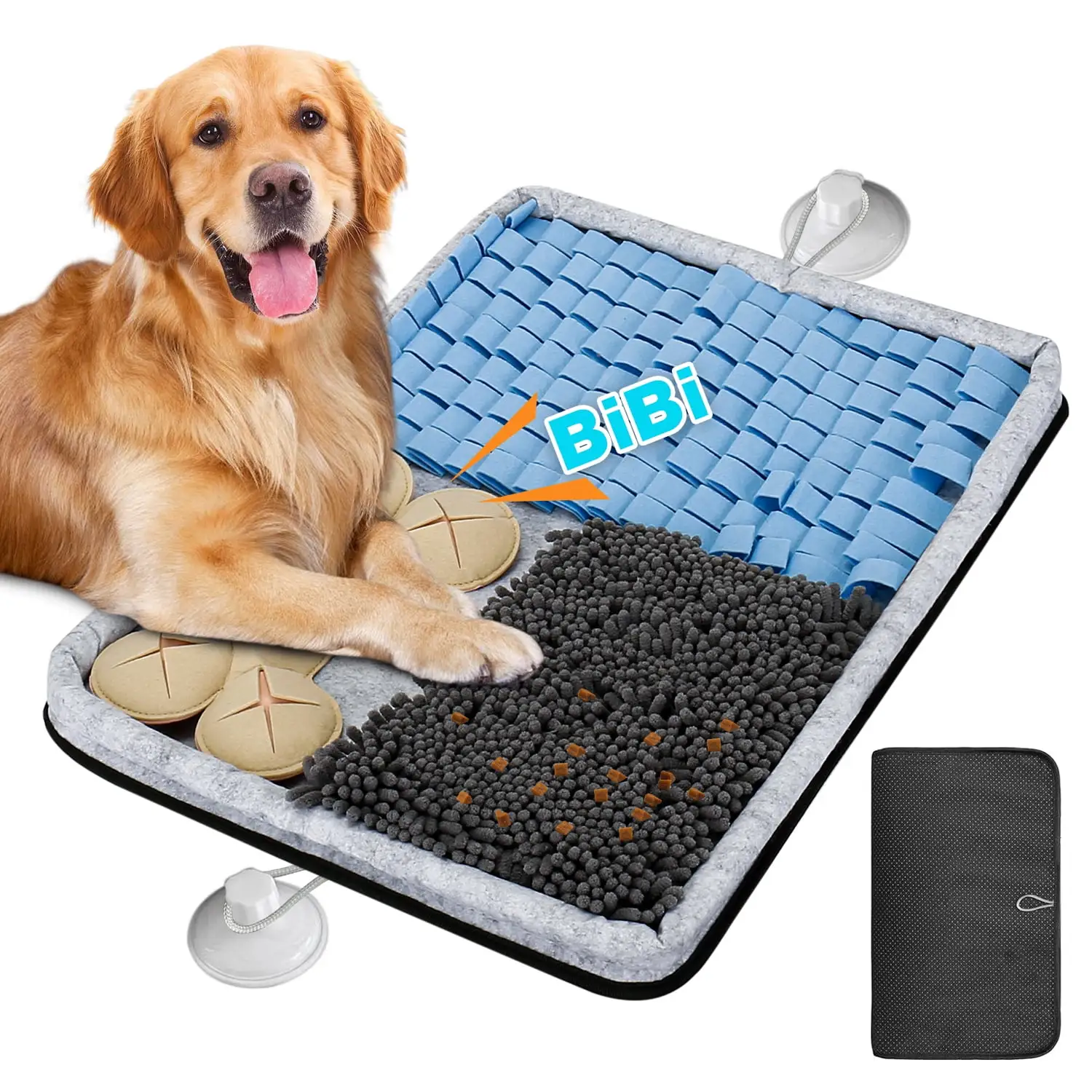 Oneisall Snuffle Mat for Dogs Large Breed. 28 x 20 Dog Snuffle Mat with Sound-making Toy & 2 Strong Suction Cups. Washable Sniff Mat for Dogs Smell Training. Slow Eating and Stress Relief - Gray