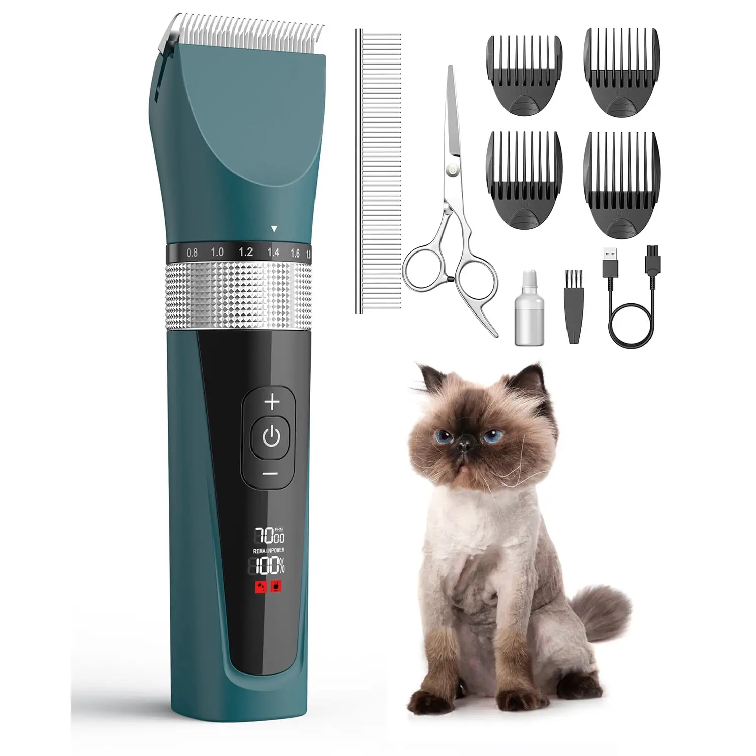 Oneisall YP-7268 5-Speed Cat Grooming Clippers. Cordless Low Noise Cat Clippers for Grooming. Rechargeable IPX6 Waterproof Cat Grooming Kit with 4 Guide Combs. Pet Hair Clipper Trimmer for Dogs Cats