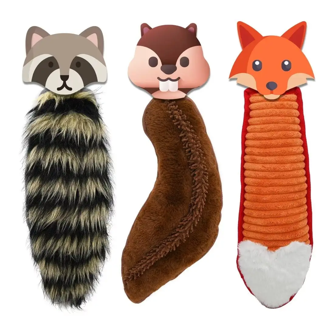 Onmygogo Plush Dog Squeaky Toys. Stuffed Plush Animal Tail Toys for Aggressive Chewers. Interactive Toys for Small. Medium. Large Breed Dogs(Set of 3.Fox+Squirrel+Raccoon)