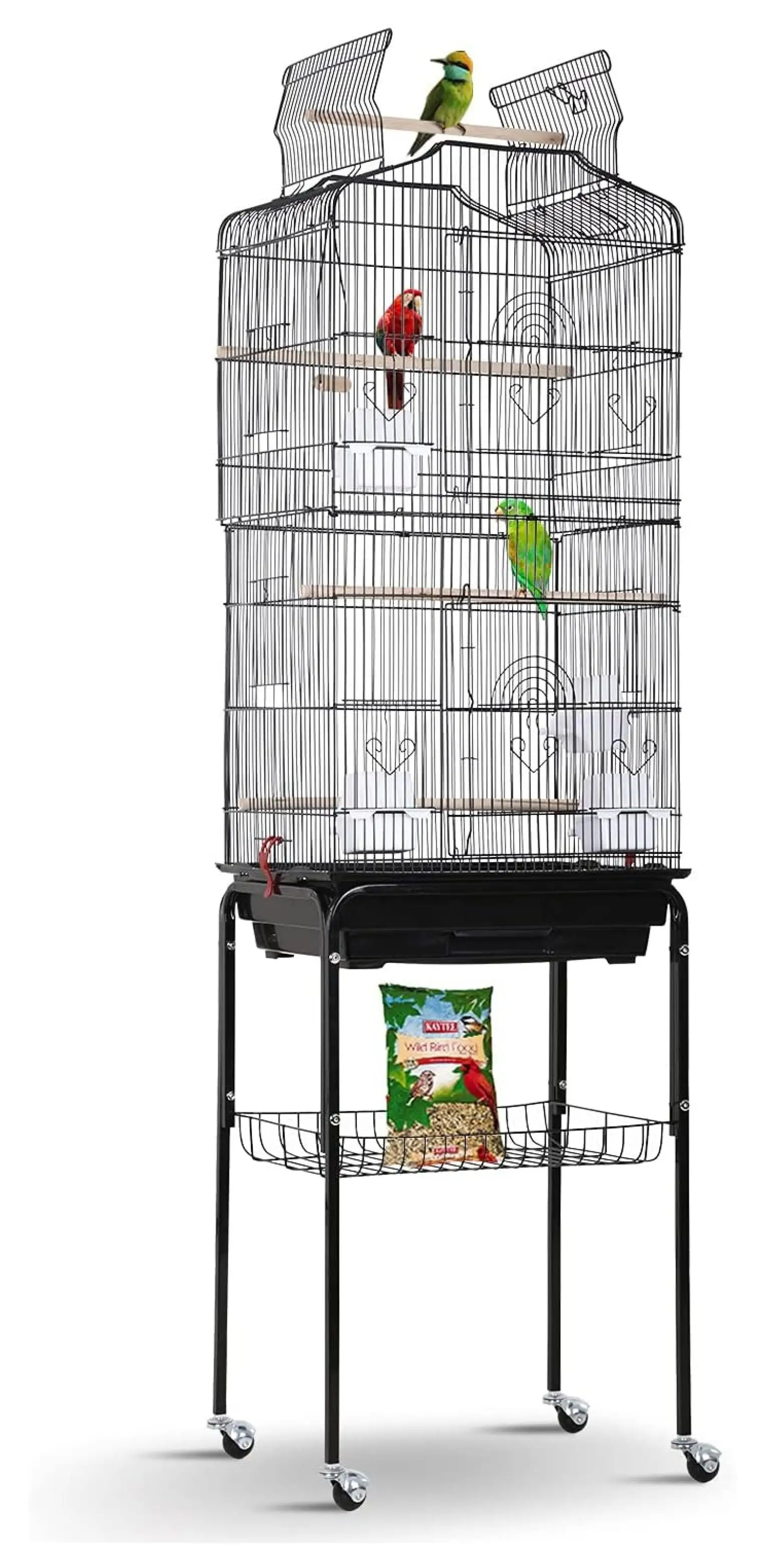 Open Top Standing Cage 64 Inch with Rolling Stand for Parakeets Cockatiel Parrots Lovebirds Medium Small Cage-Black. L18 * W14 * H62 inches