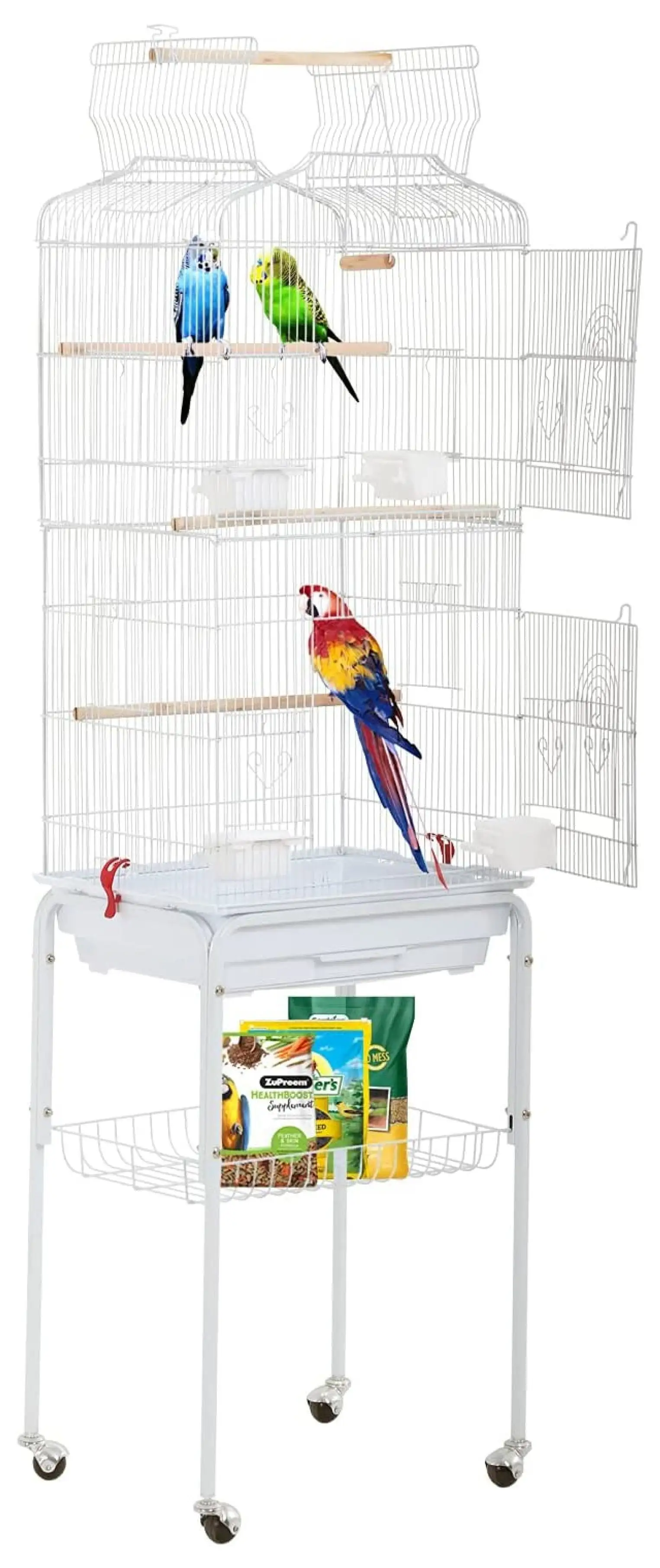 Open Top Standing Cage 64 Inch with Rolling Stand for Parakeets Cockatiel Parrots Lovebirds Medium Small Cage-White L17 * W13 * H64 inches