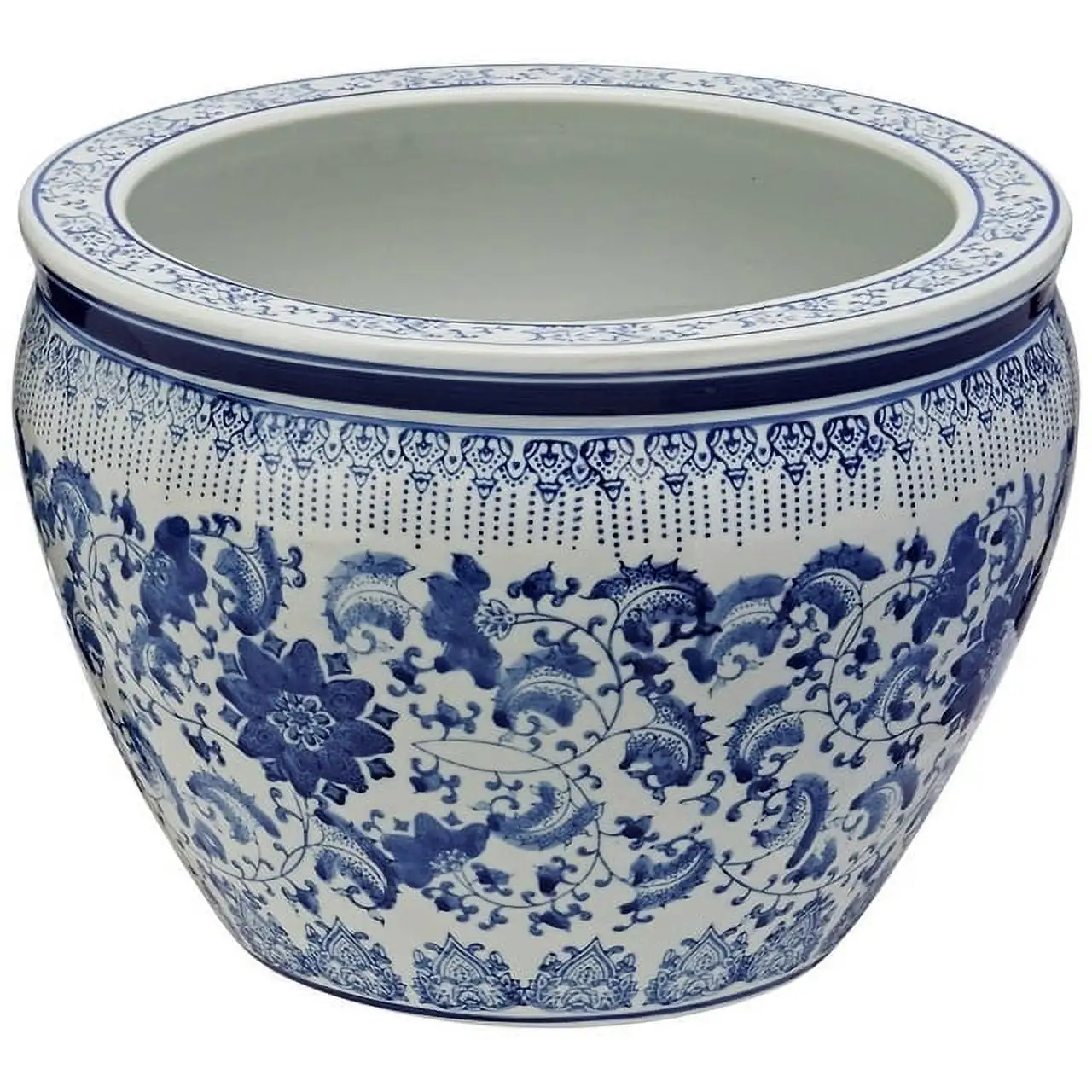 Oriental Furniture 14 Floral Blue & White Porcelain Fishbowl