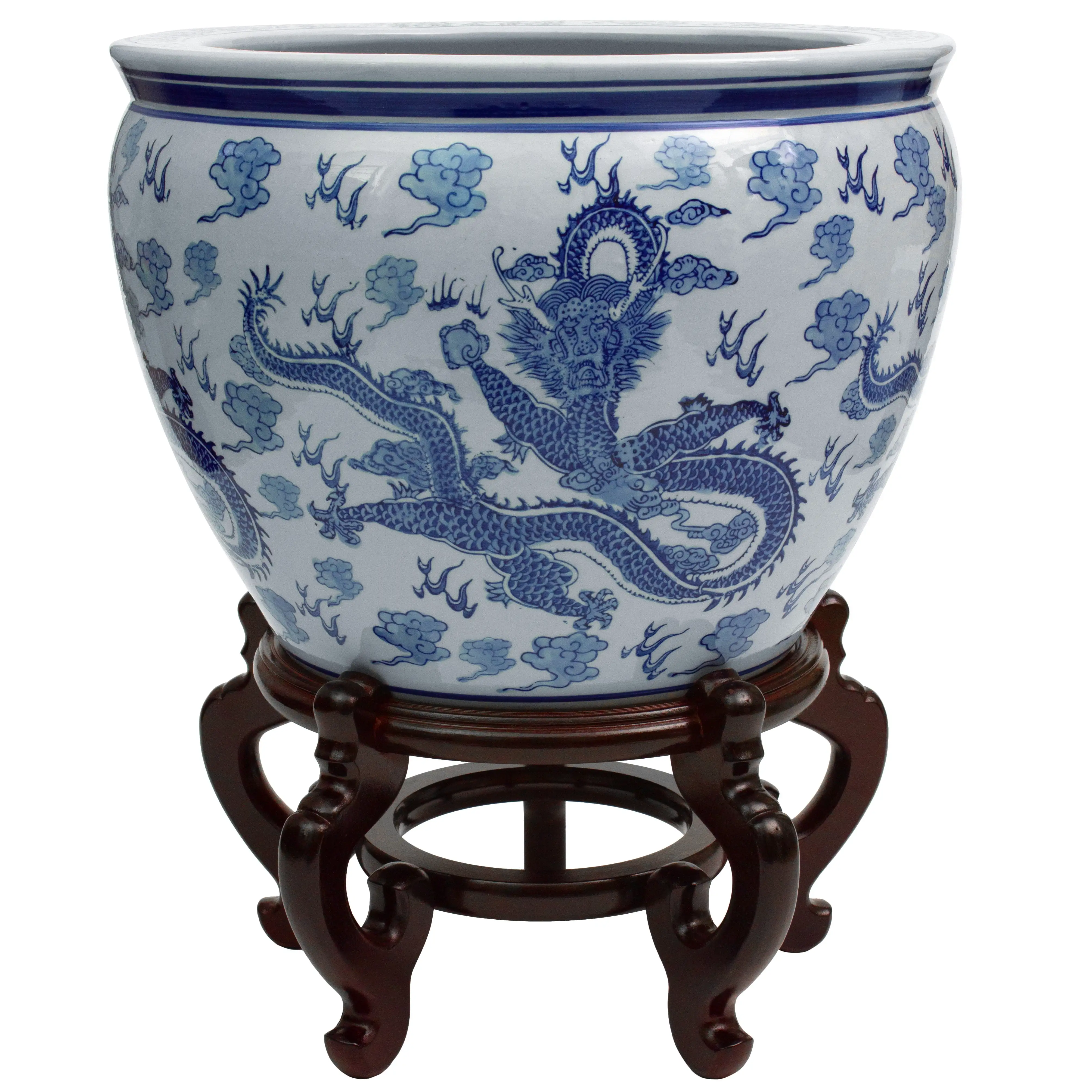 Oriental Furniture 18 Dragon Blue & White Porcelain Fishbowl