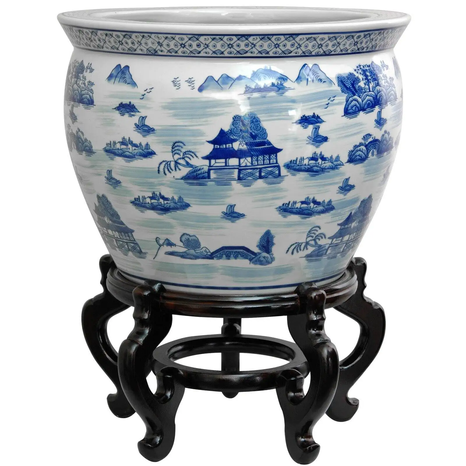 Oriental Furniture 18 Porcelain Fishbowl Blue & White Landscape