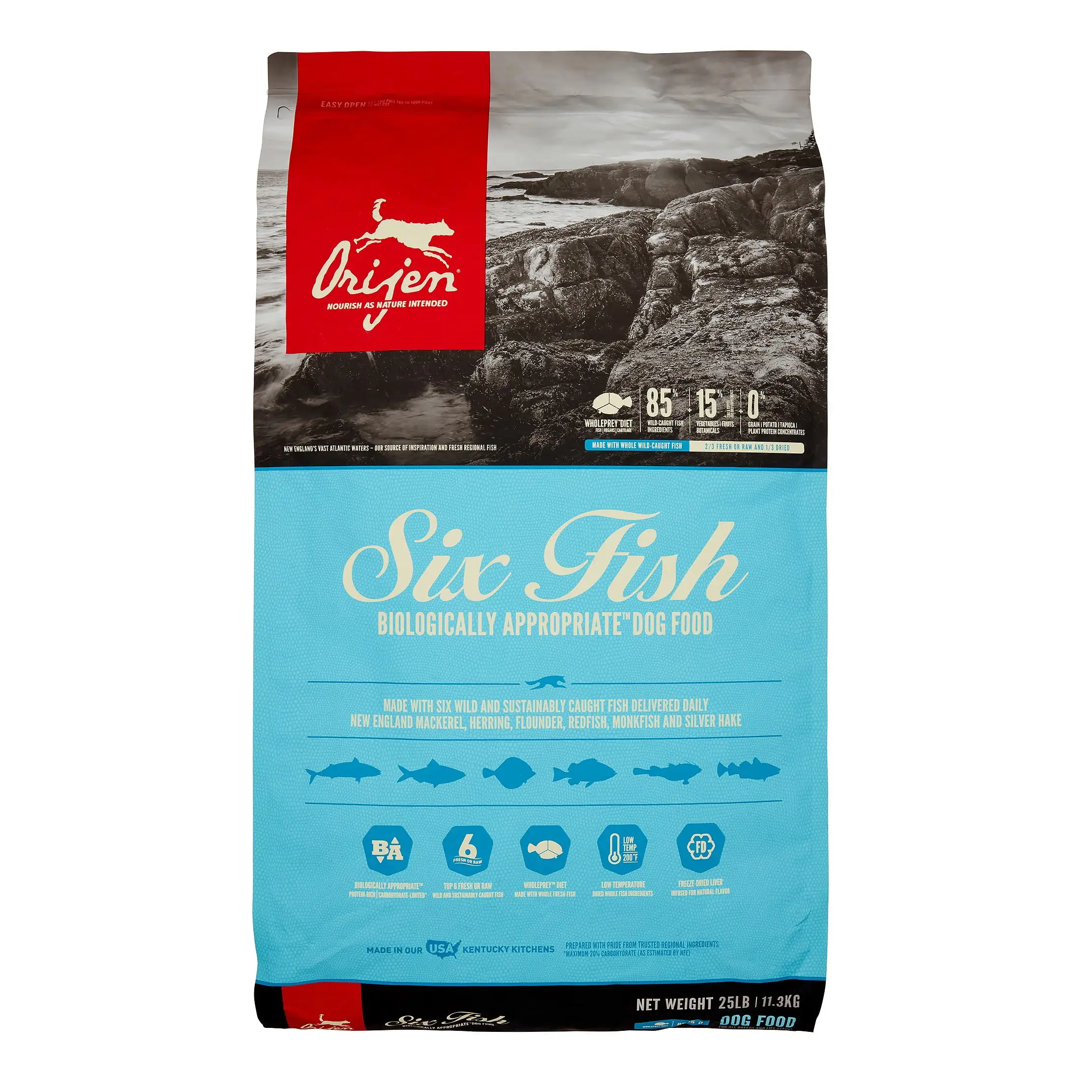 Orijen Six Fish Biologically Appropriate Fresh Fish & Sea Vegetables Dry Dog Food. 25 lb