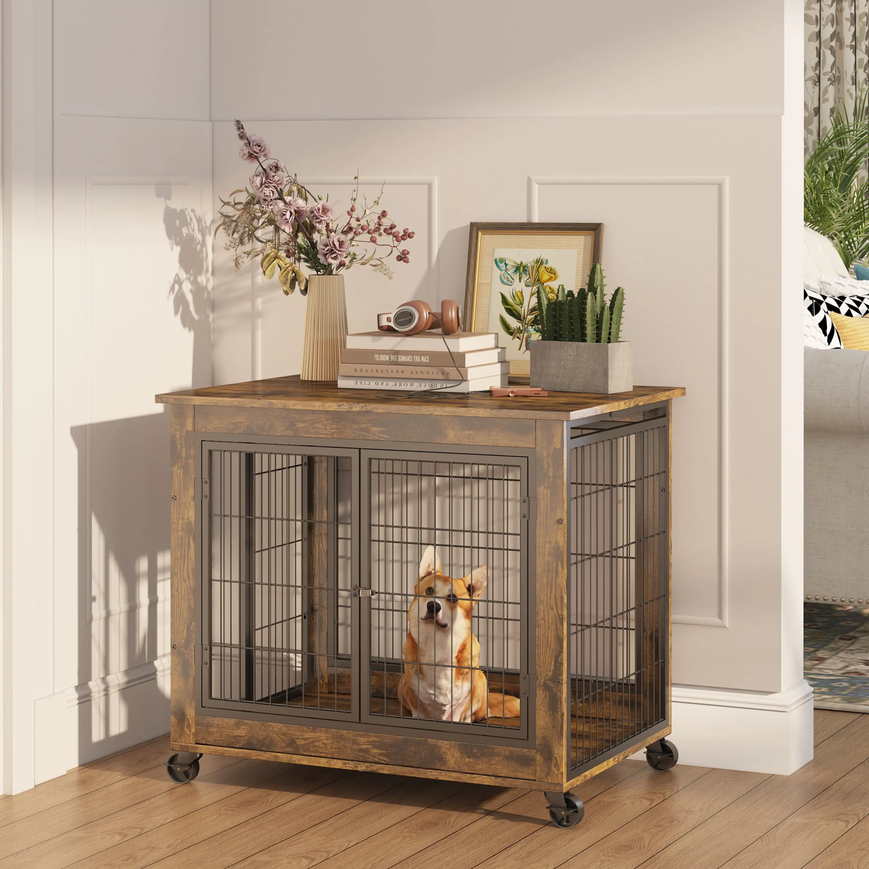 Ostreici 31.50''L x 22''W x 25''H Furniture Dog Crate Dog Cage Kennel Double Door w/ Casters Brown