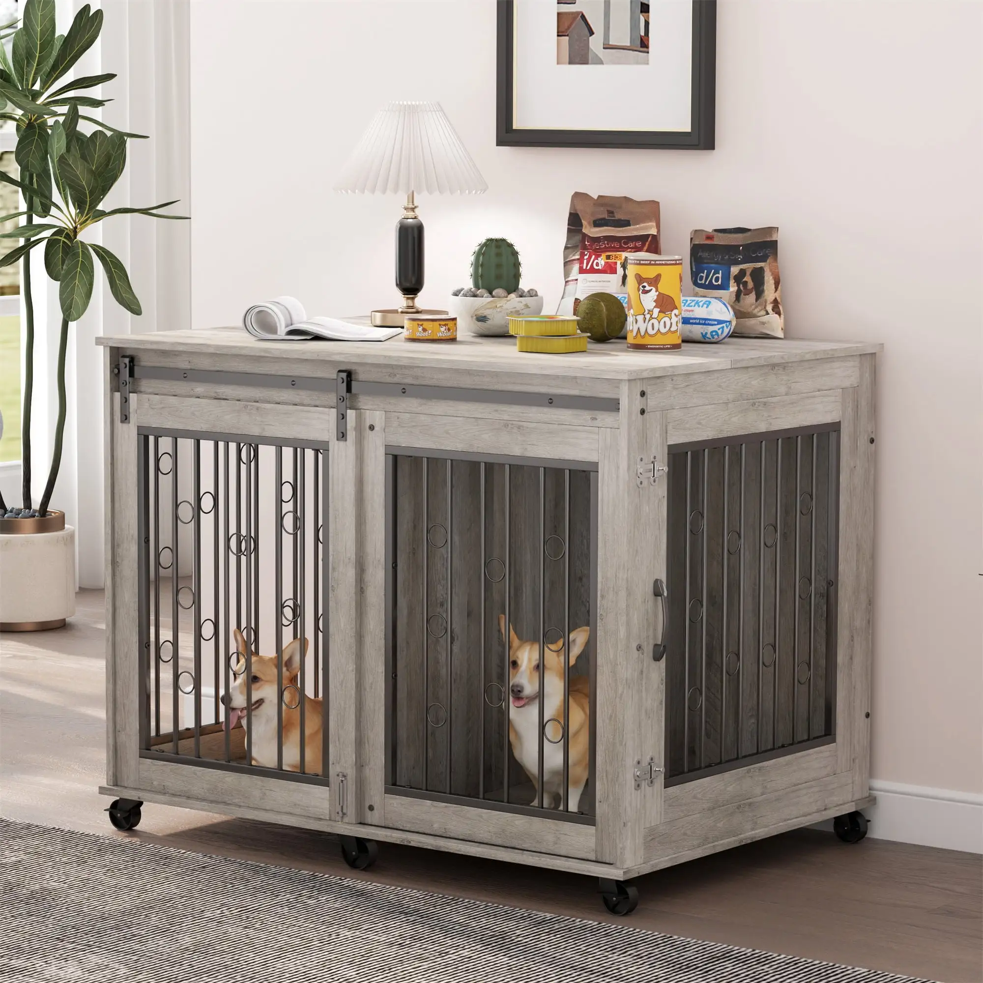 Ostreici Sturdy 44 Anti-Bite Furniture Style Dog Crate Sliding Barn Door. Dog Kennel w/ Wheels