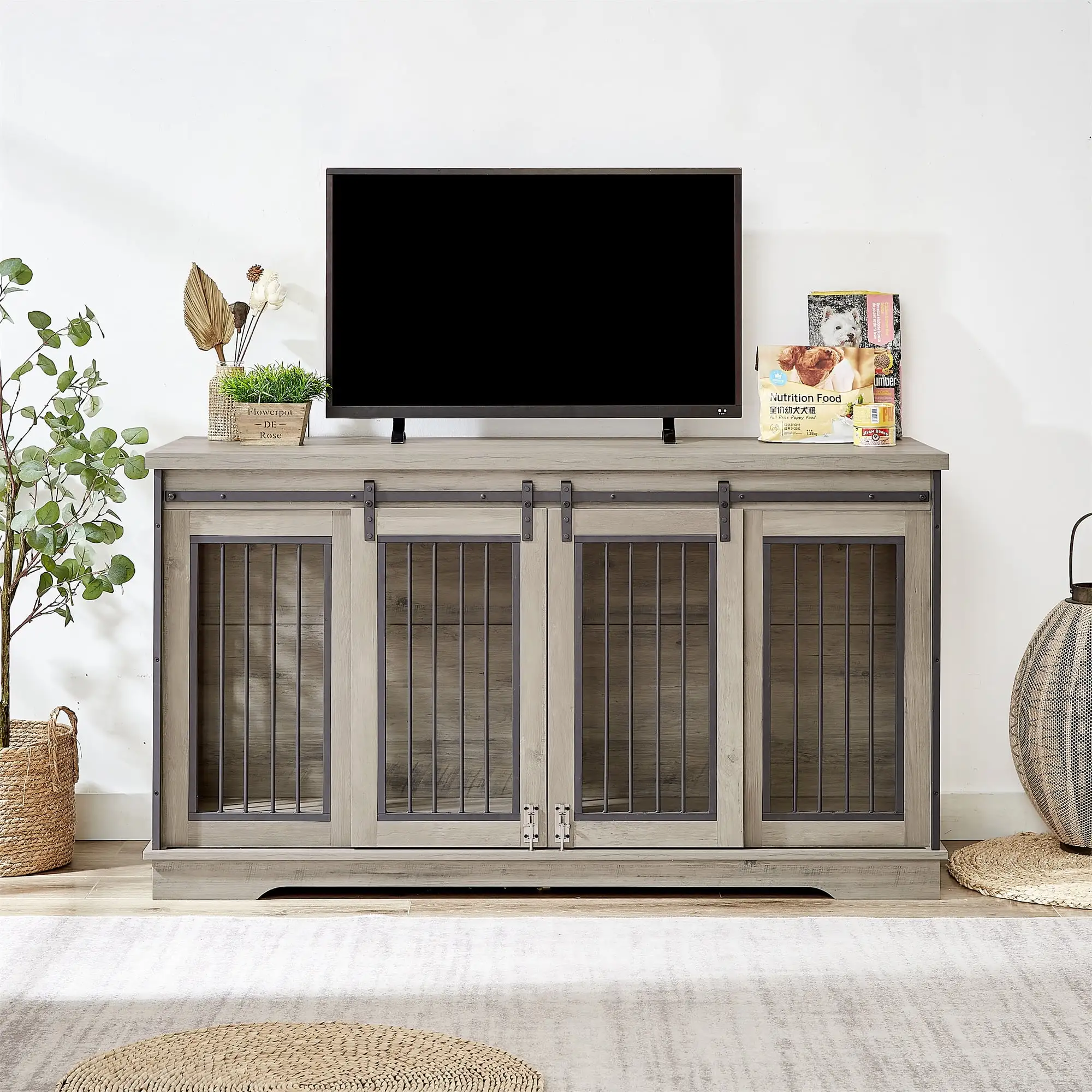 Ostreici Furniture Style 60.6'' TV Cabinet Dog Crate Dog Cage End Table Removable Divider