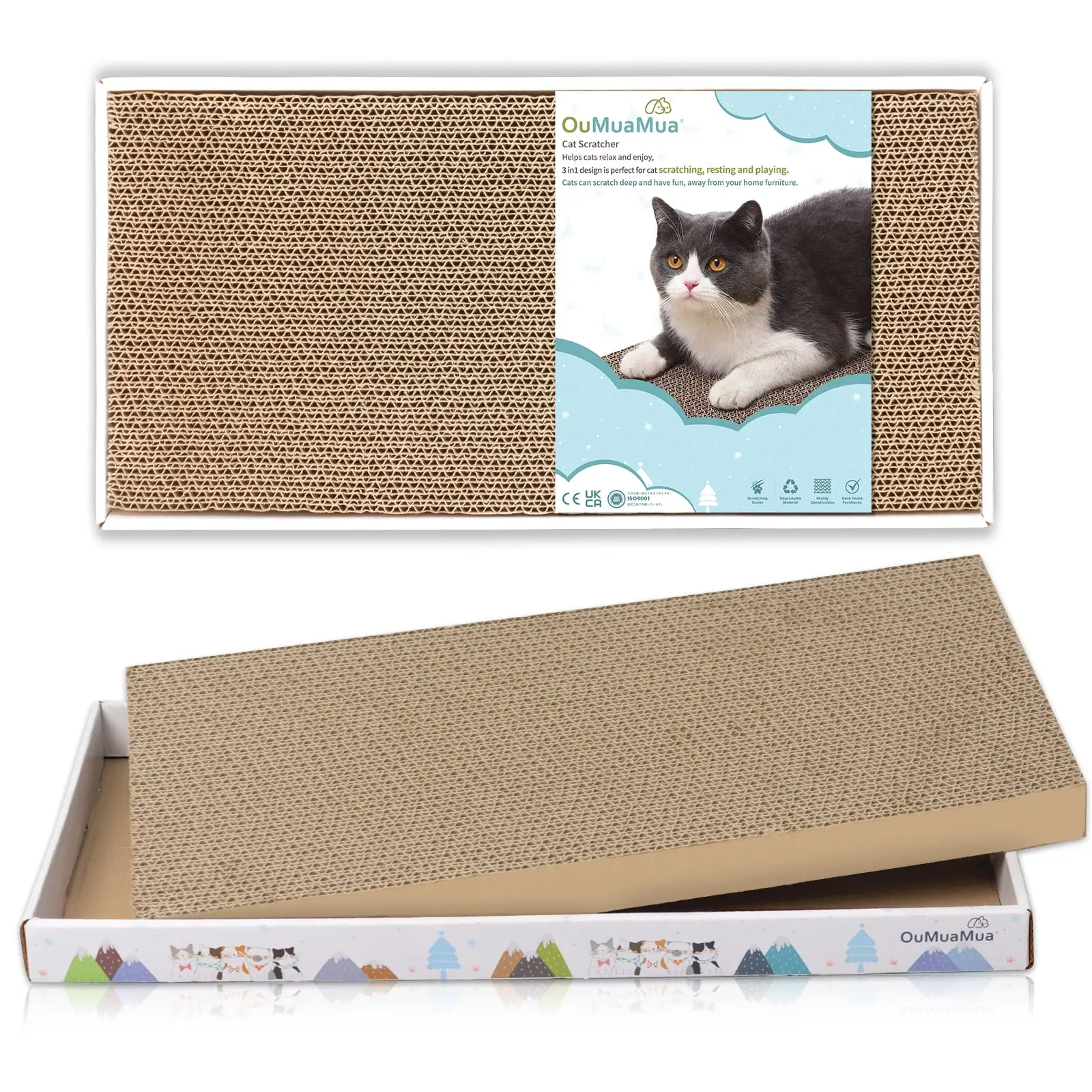 OuMuaMua Cat Scratcher Pad. 17x8.5inch Double-Sided Reversible Cat Scratch Lounge Bed Cardboard with Catnip for Indoor Cats Scratching Playing and Resting. Furniture Protector