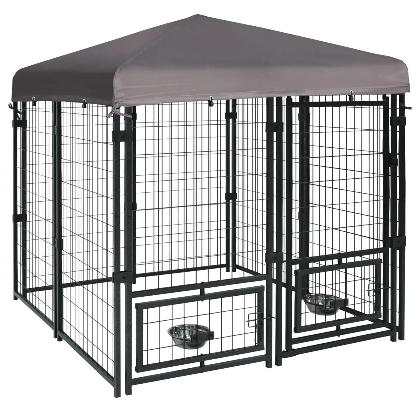 Outdoor 4.5' x 4.5' x 4.8' Dog Kennel. Heavy Duty Metal Dog Cage. Dog Pen Enclosure House with Roof & Rotating Feeding Door. 2 Bowl Holders and Bowls