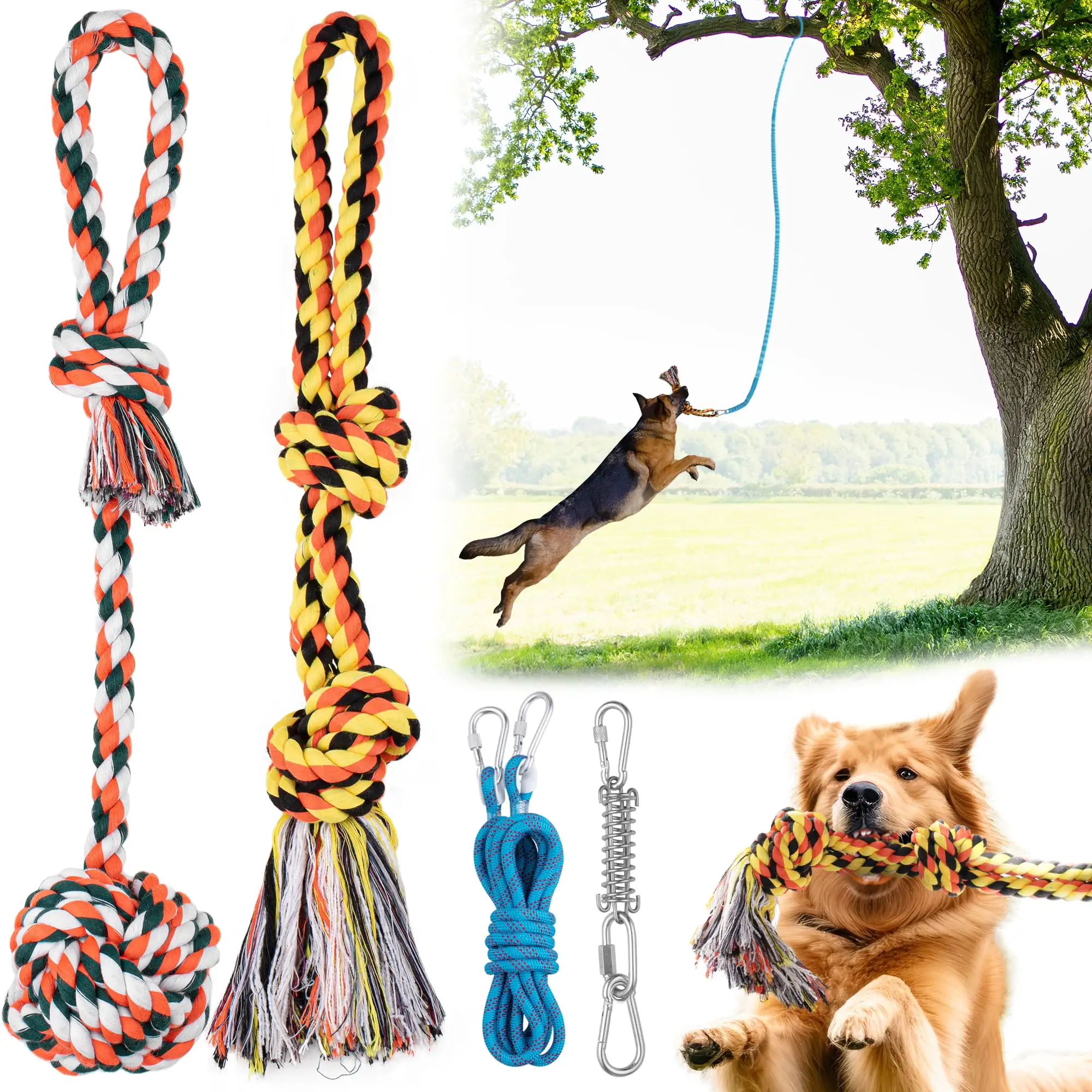 Outdoor Dog Bungee Hanging Toy. Blue Tree Tug Toy Rope W/ Metal Spring & 2 Rope Toys. Heavy-Duty Exercise Equipment for Medium & Large Dogs by Yes4Quality