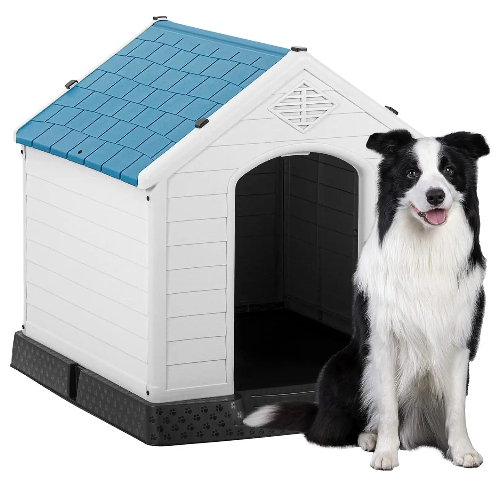 Outdoor Dog House Plastic Waterproof Doghouse for Small Medium Large Dogs Outside Dog Kennel with and Elevated Floor (34.5 D x 31 W x 32.5 H. Blue)