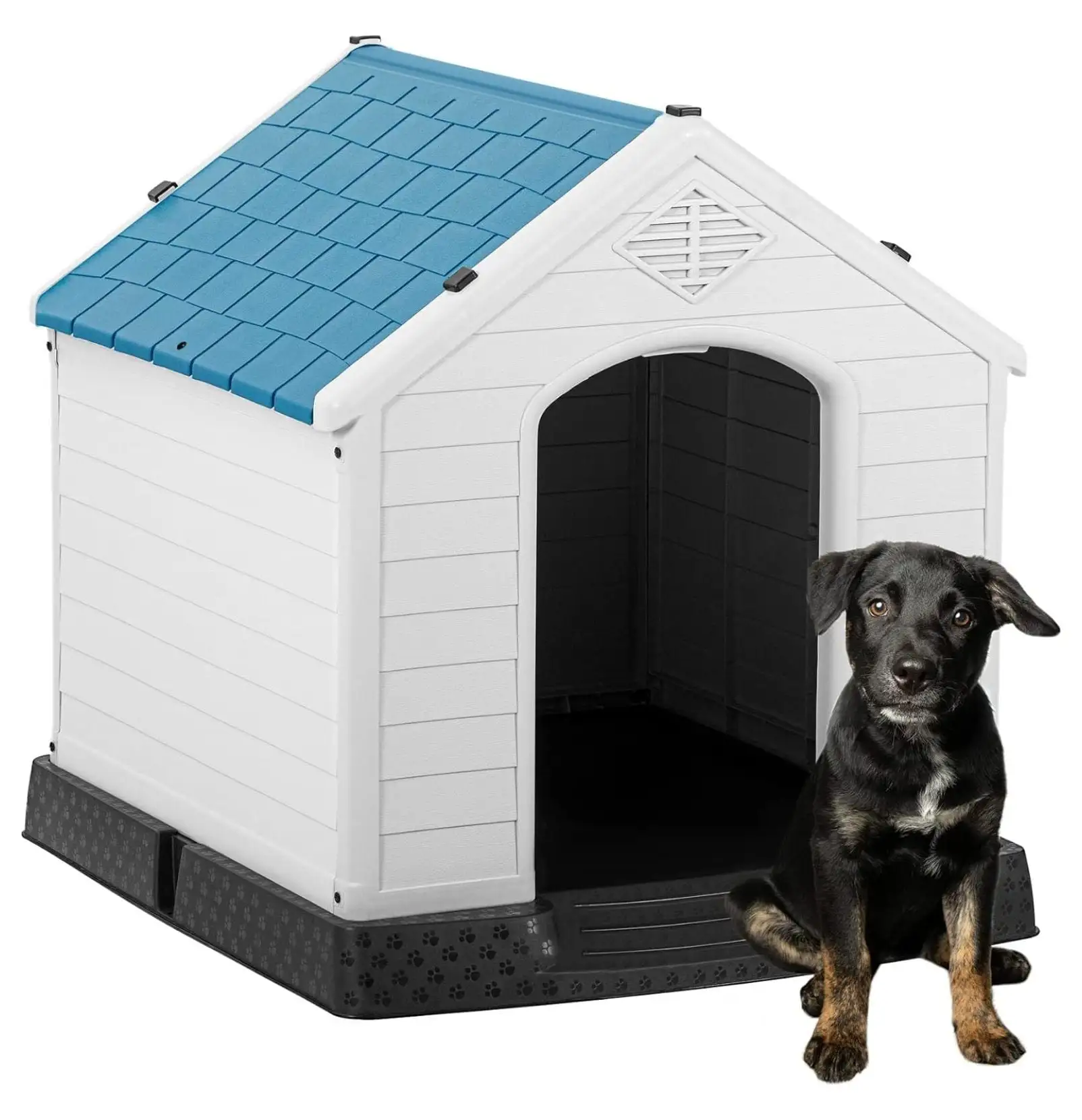 Outdoor Dog House Plastic Waterproof Doghouse for Small Medium Large Dogs Outside Dog Kennel with and Elevated Floor (28.5 D x 26 W x 28 H. Blue)