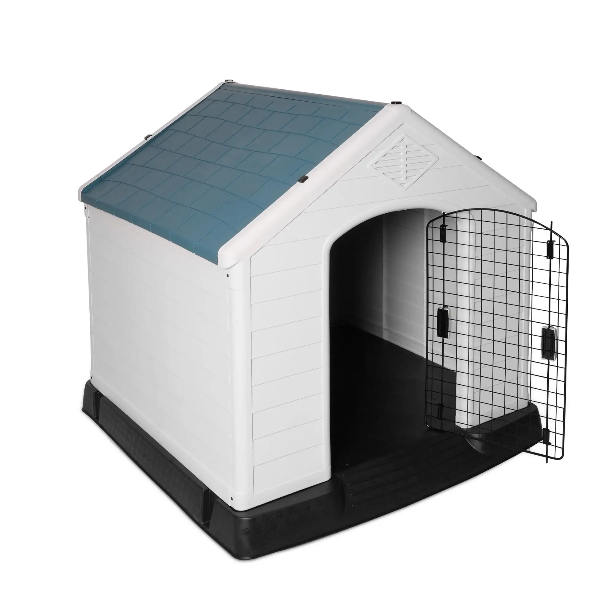 Outdoor Dog House with Iron Door for Large Dogs. 45H Waterproof Puppy Kennel Plastic Outside Pet Crate with Gate for All Weather. Blue Roof