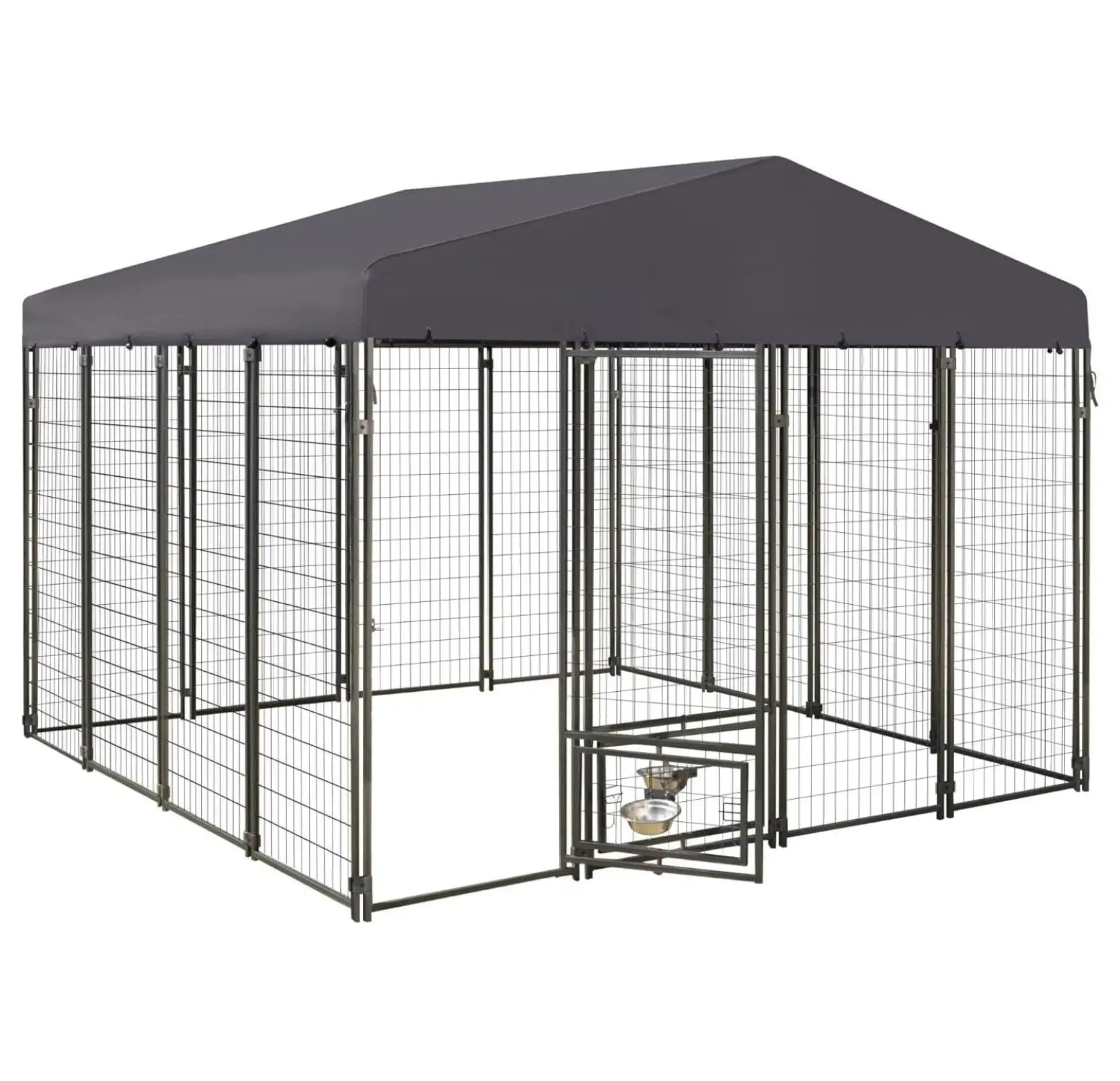 Outdoor Dog Kennel. 10' x 10' x 7.5' Heavy Duty Metal Dog Cage Dog Pen Enclosure House with Roof & Rotating Feeding Door