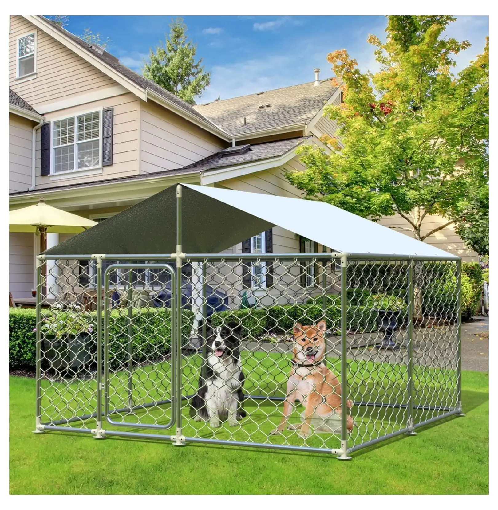 Outdoor Dog Kennel Heavy Duty Outside Fence Dog Run. Anti-Rust Dog Cage with Waterproof UV-Resistant Cover and Updated Secure Lock(7.5'x7.5'x5.3')