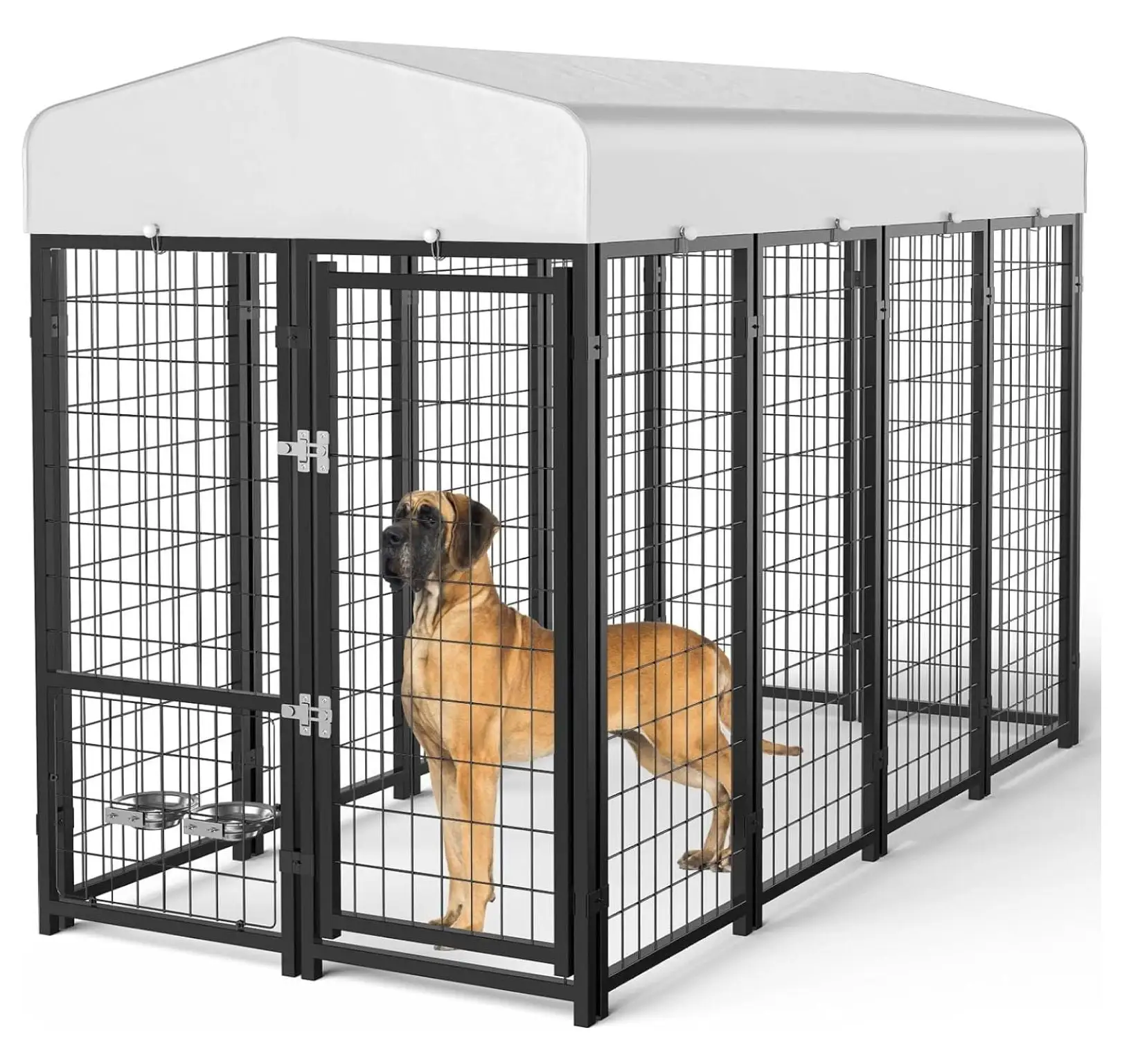 Outdoor Dog Kennel Outside with Small Door&Bowls - 8x4x6 Large Dog Kennels with Roof for Large Dogs Breed -Heavy Duty Run Cage Enclosure Pens for Outside Yard (Can Connect Your Dog House)