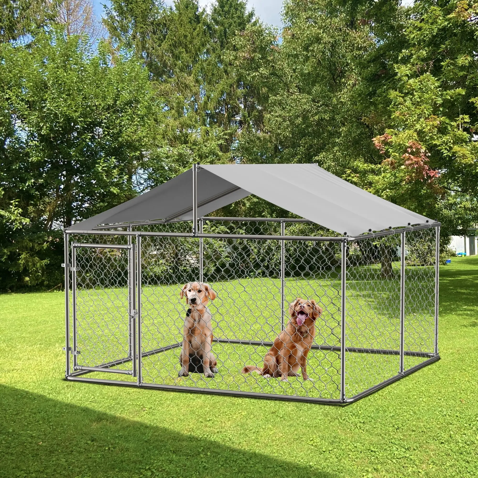 Ouyessir 7.5 x 7.5ft Outdoor Dog Kennel Heavy Large Outdoor Dog Playpen with Secure Lock Sturdy Galvanized Metal Frame with Waterproof Roof Cover(7.5'L x 7.5'W x 3.8'H/5.4'H)